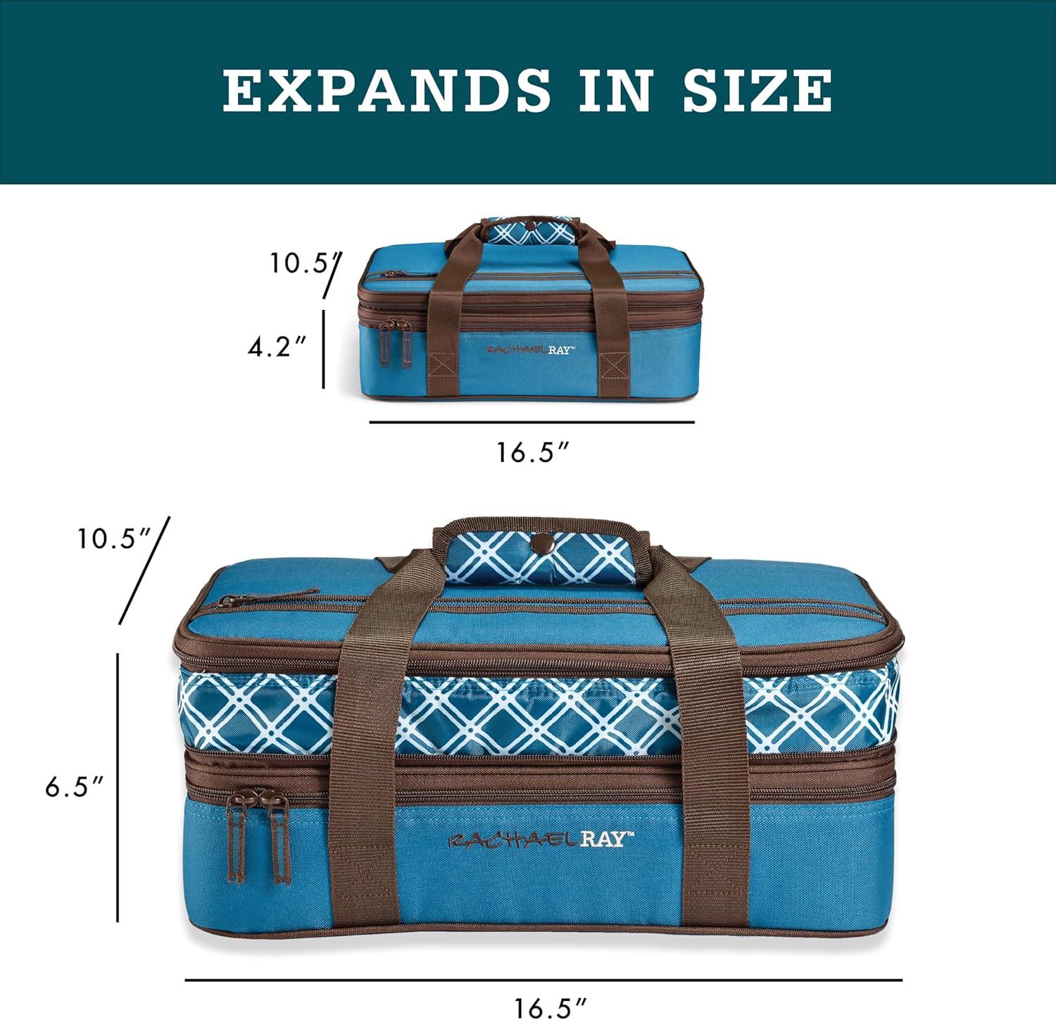 imageRachael Ray Expandable Insulated Casserole Carrier for Hot or Cold Food Thermal Lasagna Lugger Tote for Potluck Parties Picnic and Cookouts Fits 9quot x 13quot Baking DishMarine Blue Plaid