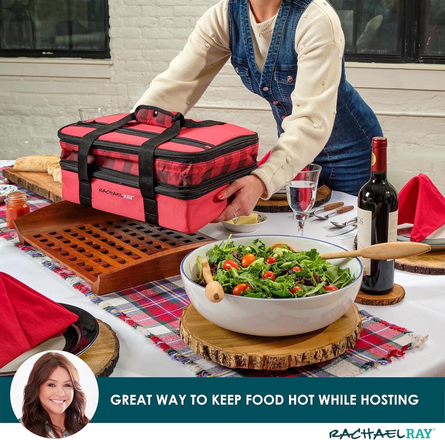 imageRachael Ray Expandable Insulated Casserole Carrier for Hot or Cold Food Thermal Lasagna Lugger Tote for Potluck Parties Picnic and Cookouts Fits 9quot x 13quot Baking DishRed Buffalo Check