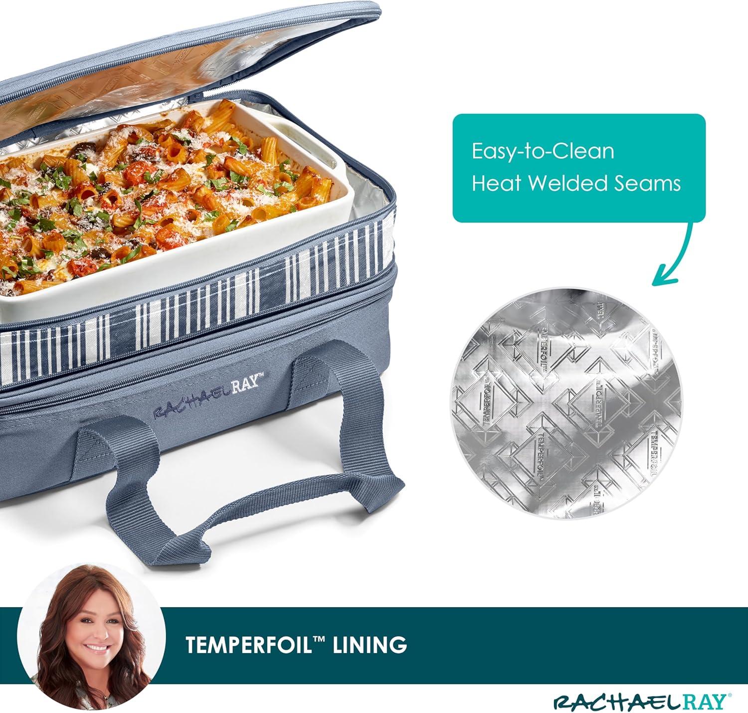 imageRachael Ray Expandable Insulated Casserole Carrier for Hot or Cold Food Thermal Lasagna Lugger Tote for Potluck Parties Picnic and Cookouts Fits 9quot x 13quot Baking DishSlate Stripe