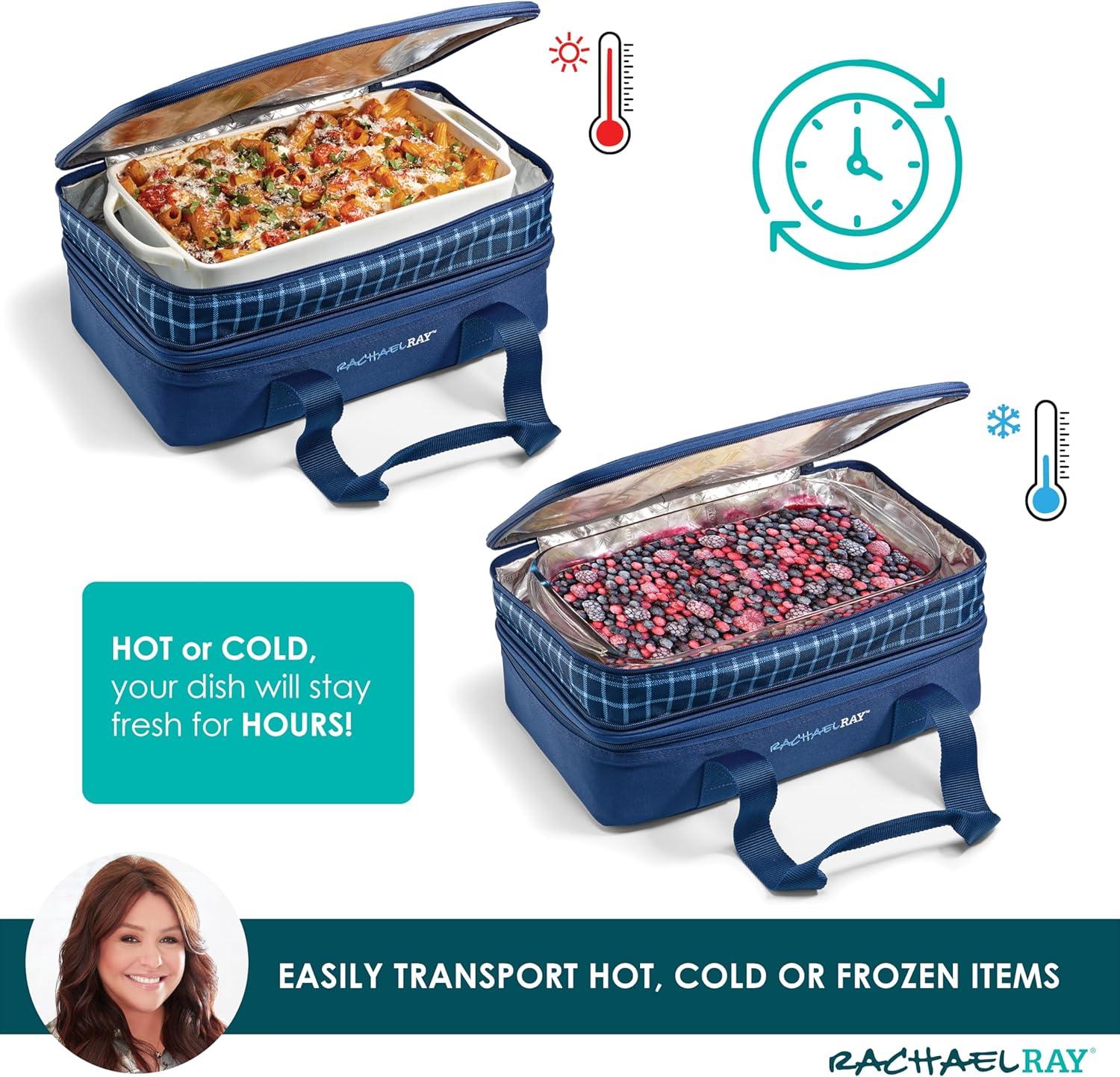 imageRachael Ray Expandable Insulated Casserole Carrier for Hot or Cold Food Thermal Lasagna Lugger Tote for Potluck Parties Picnic and Cookouts Fits 9quot x 13quot Baking DishBlue Gingham