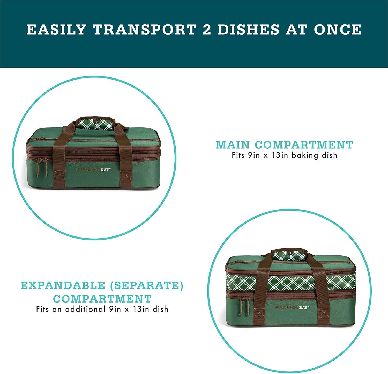 imageRachael Ray Expandable Insulated Casserole Carrier for Hot or Cold Food Thermal Lasagna Lugger Tote for Potluck Parties Picnic and Cookouts Fits 9quot x 13quot Baking DishForest Green Plaid