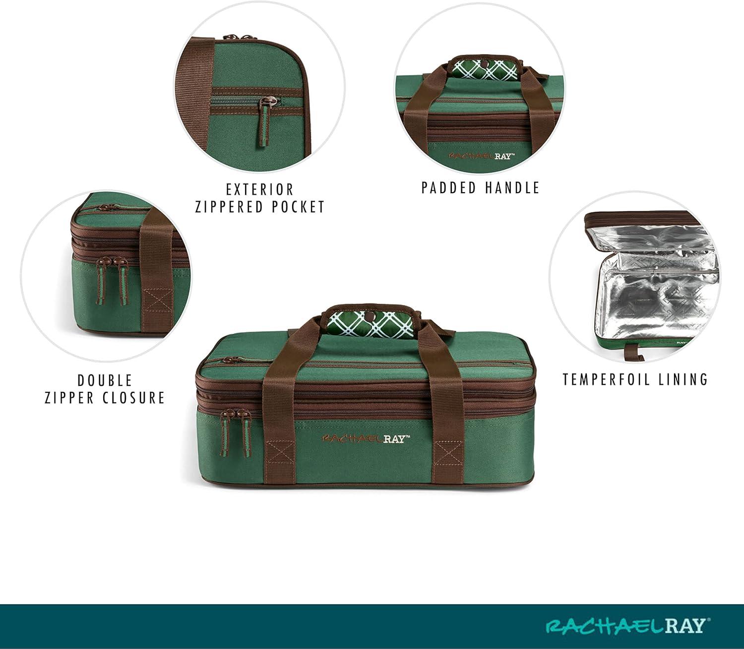 imageRachael Ray Expandable Insulated Casserole Carrier for Hot or Cold Food Thermal Lasagna Lugger Tote for Potluck Parties Picnic and Cookouts Fits 9quot x 13quot Baking DishForest Green Plaid