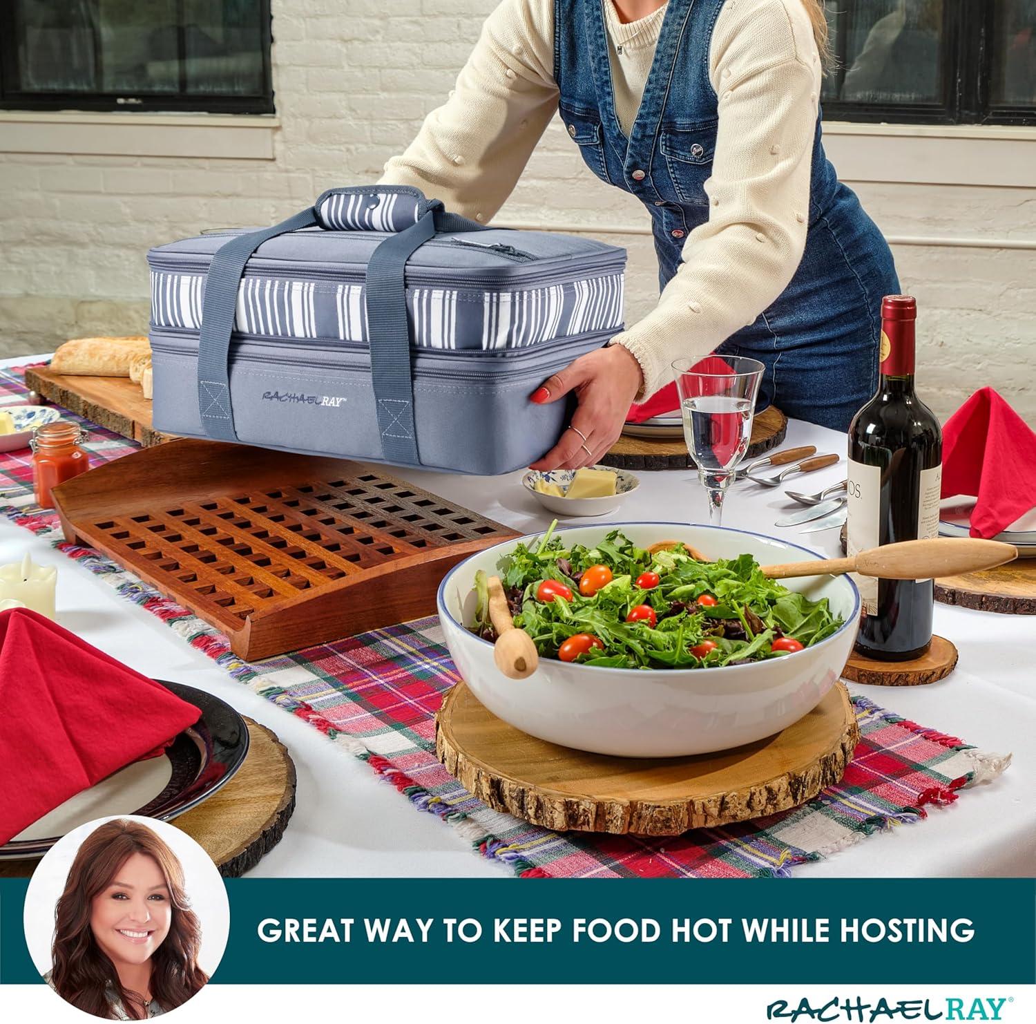 imageRachael Ray Expandable Insulated Casserole Carrier for Hot or Cold Food Thermal Lasagna Lugger Tote for Potluck Parties Picnic and Cookouts Fits 9quot x 13quot Baking DishSlate Stripe