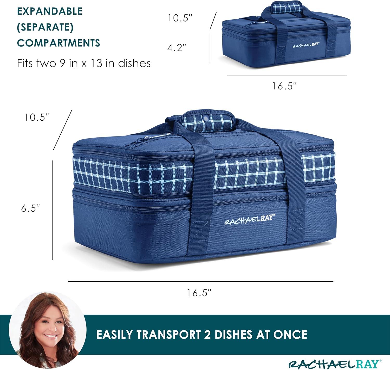 imageRachael Ray Expandable Insulated Casserole Carrier for Hot or Cold Food Thermal Lasagna Lugger Tote for Potluck Parties Picnic and Cookouts Fits 9quot x 13quot Baking DishBlue Gingham