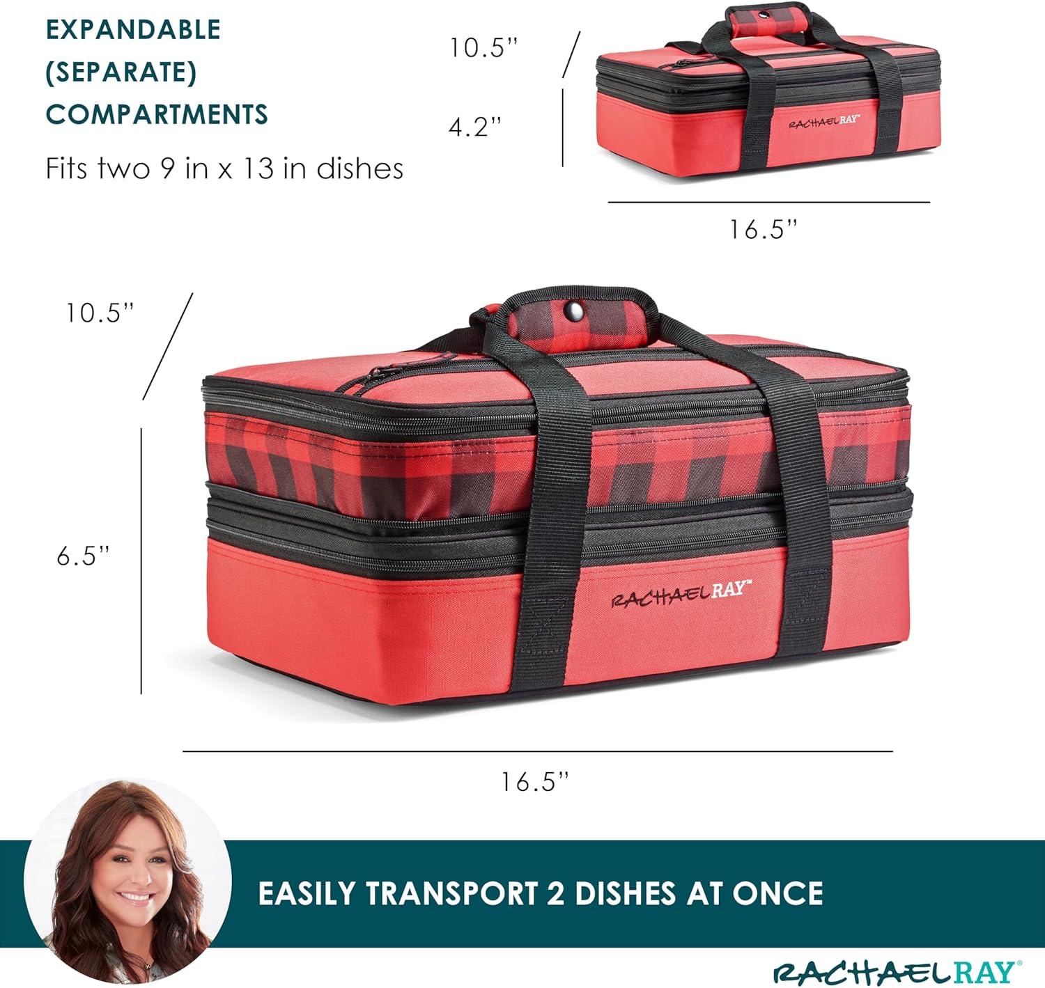imageRachael Ray Expandable Insulated Casserole Carrier for Hot or Cold Food Thermal Lasagna Lugger Tote for Potluck Parties Picnic and Cookouts Fits 9quot x 13quot Baking DishRed Buffalo Check
