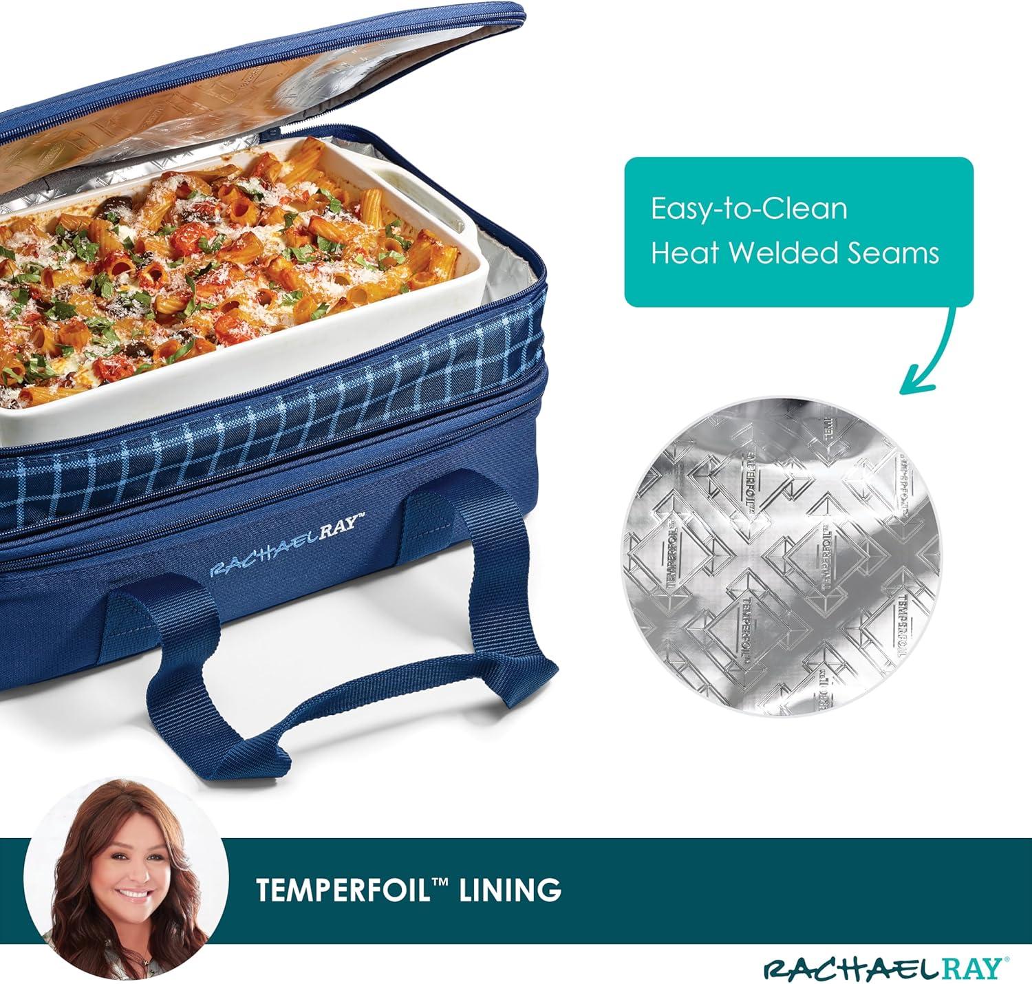 imageRachael Ray Expandable Insulated Casserole Carrier for Hot or Cold Food Thermal Lasagna Lugger Tote for Potluck Parties Picnic and Cookouts Fits 9quot x 13quot Baking DishBlue Gingham
