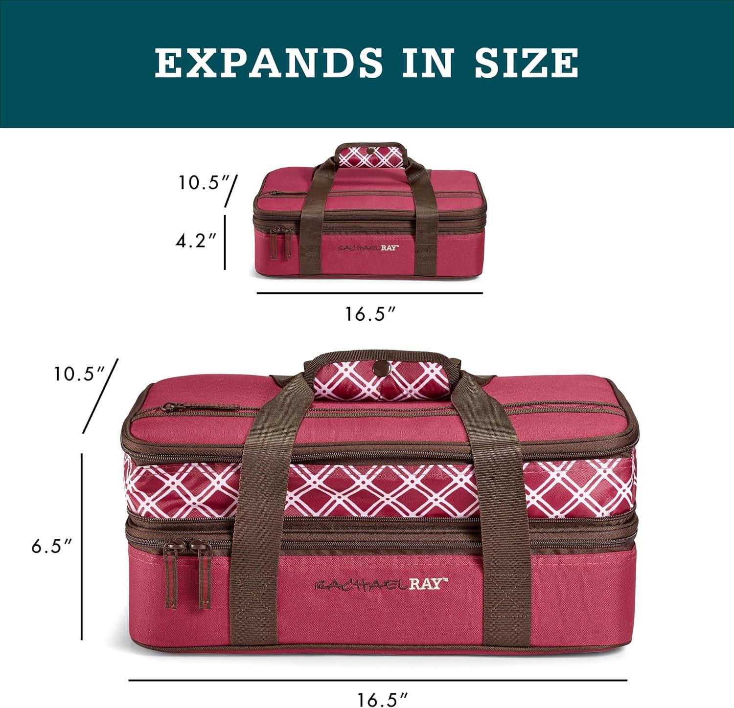 imageRachael Ray Expandable Insulated Casserole Carrier for Hot or Cold Food Thermal Lasagna Lugger Tote for Potluck Parties Picnic and Cookouts Fits 9quot x 13quot Baking DishBurgandy
