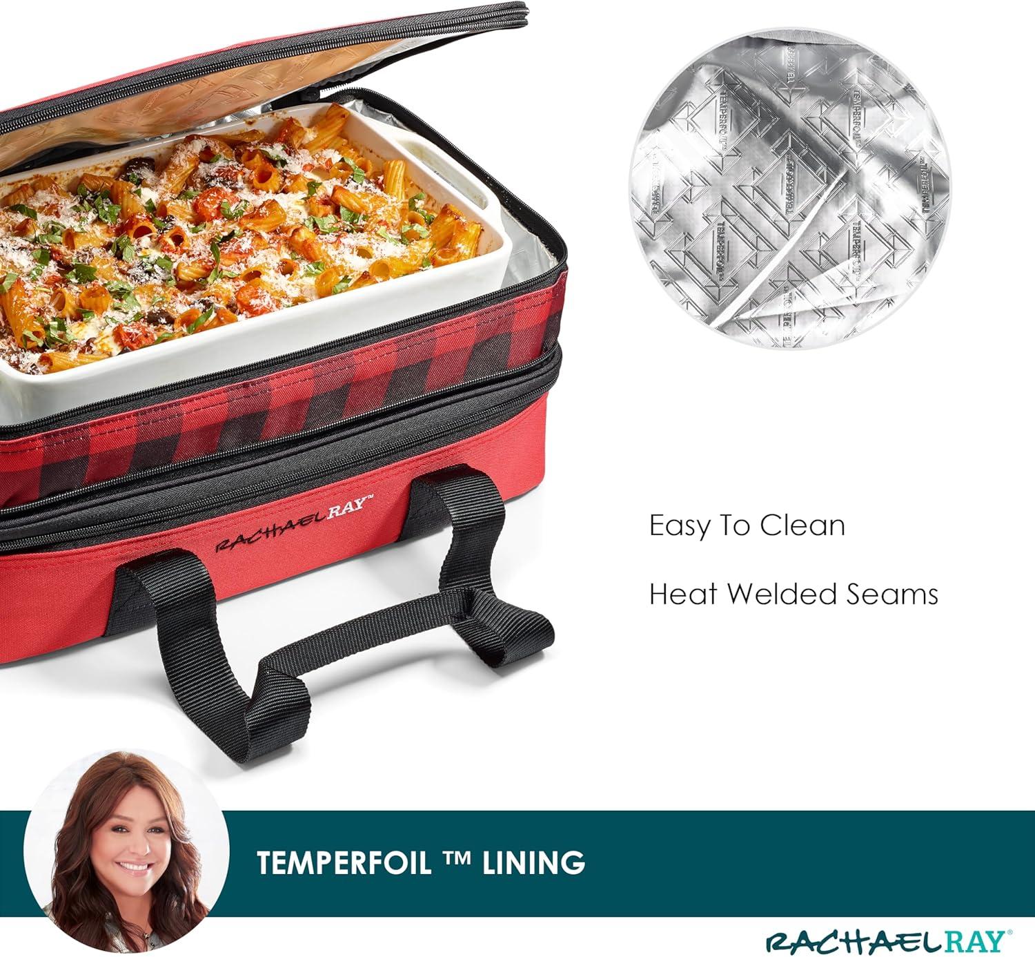 imageRachael Ray Expandable Insulated Casserole Carrier for Hot or Cold Food Thermal Lasagna Lugger Tote for Potluck Parties Picnic and Cookouts Fits 9quot x 13quot Baking DishRed Buffalo Check