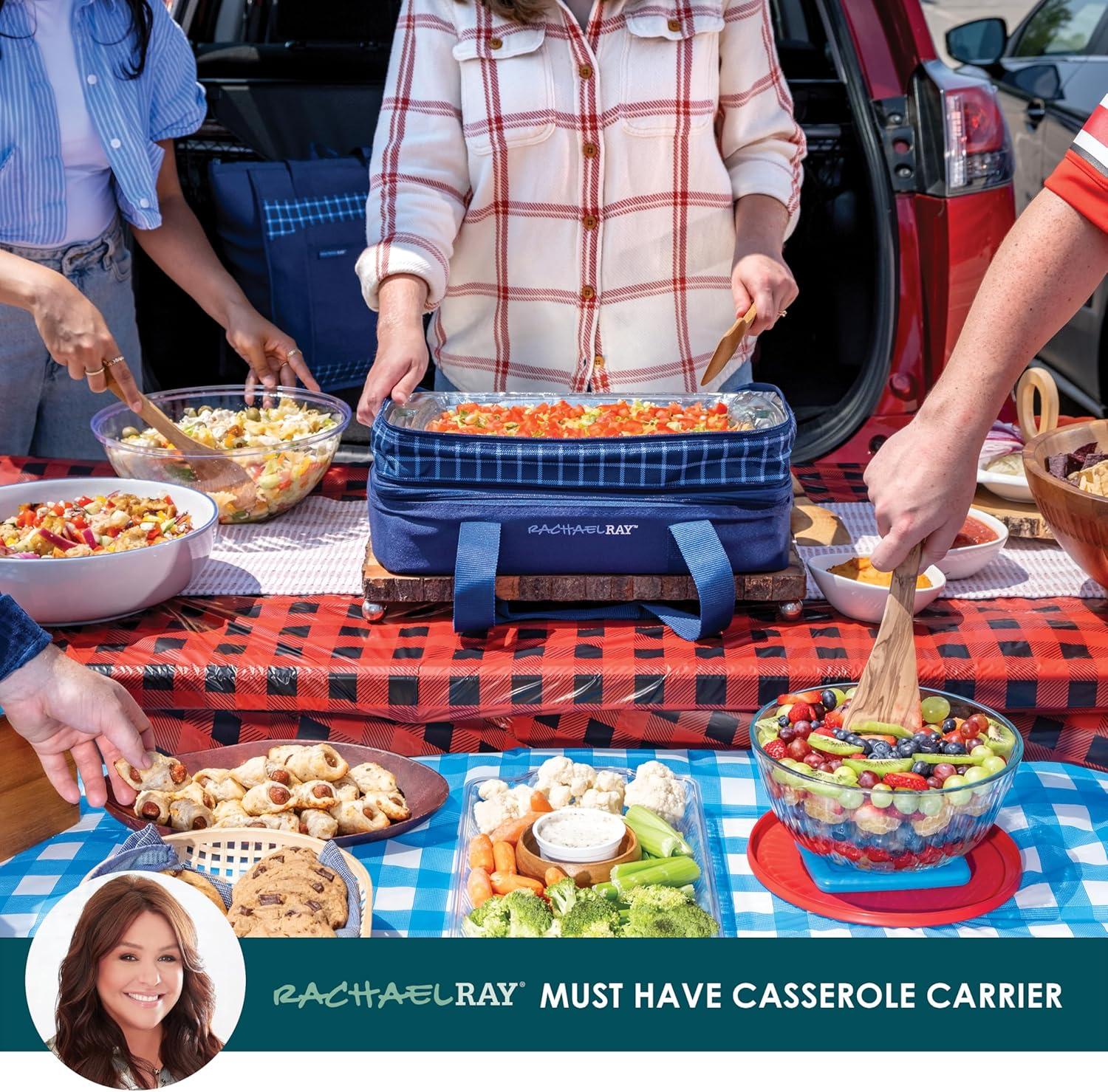 imageRachael Ray Expandable Insulated Casserole Carrier for Hot or Cold Food Thermal Lasagna Lugger Tote for Potluck Parties Picnic and Cookouts Fits 9quot x 13quot Baking DishBlue Gingham