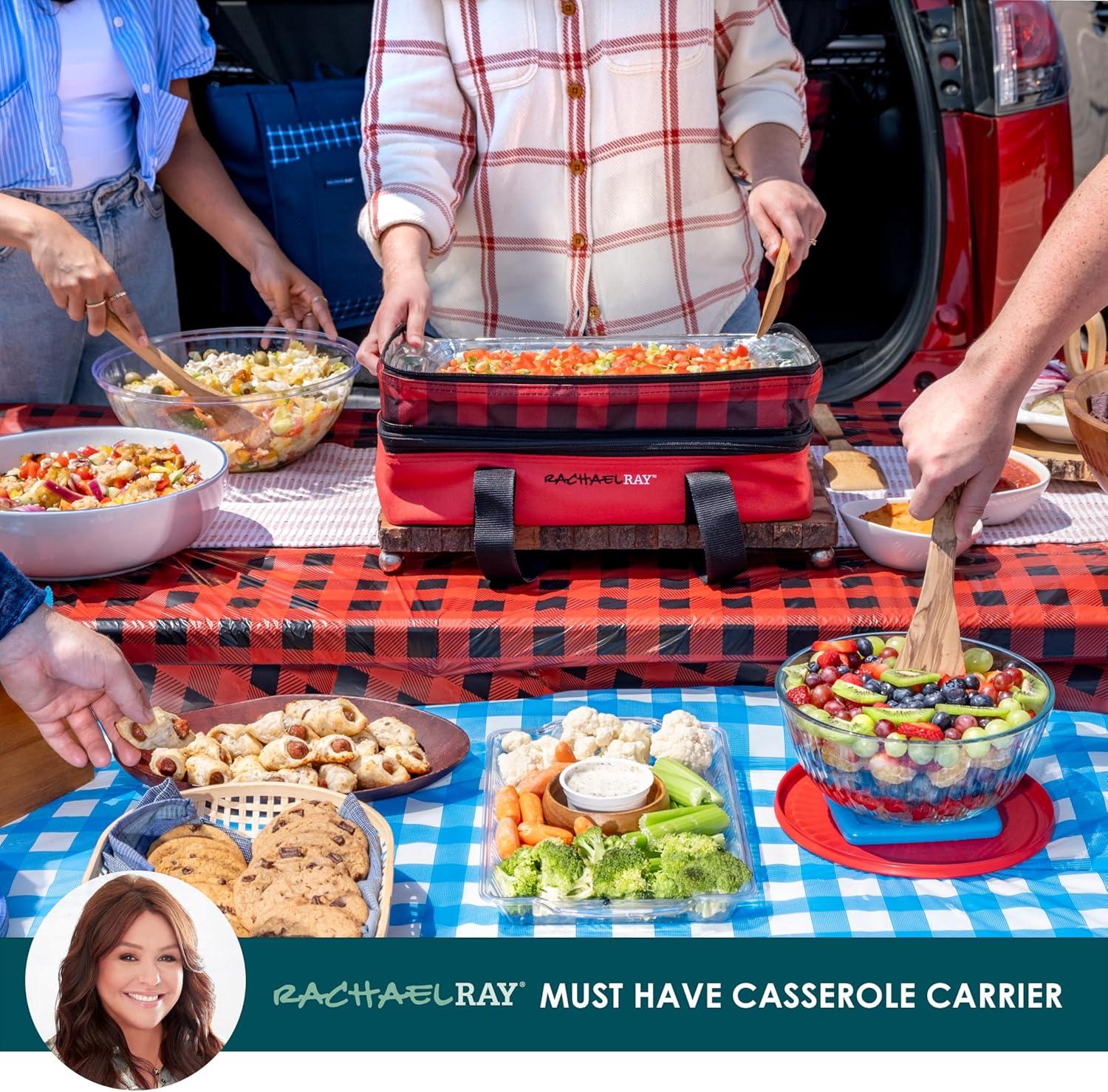 imageRachael Ray Expandable Insulated Casserole Carrier for Hot or Cold Food Thermal Lasagna Lugger Tote for Potluck Parties Picnic and Cookouts Fits 9quot x 13quot Baking DishRed Buffalo Check
