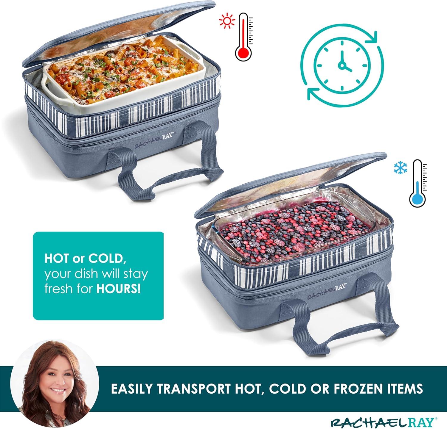 imageRachael Ray Expandable Insulated Casserole Carrier for Hot or Cold Food Thermal Lasagna Lugger Tote for Potluck Parties Picnic and Cookouts Fits 9quot x 13quot Baking DishSlate Stripe