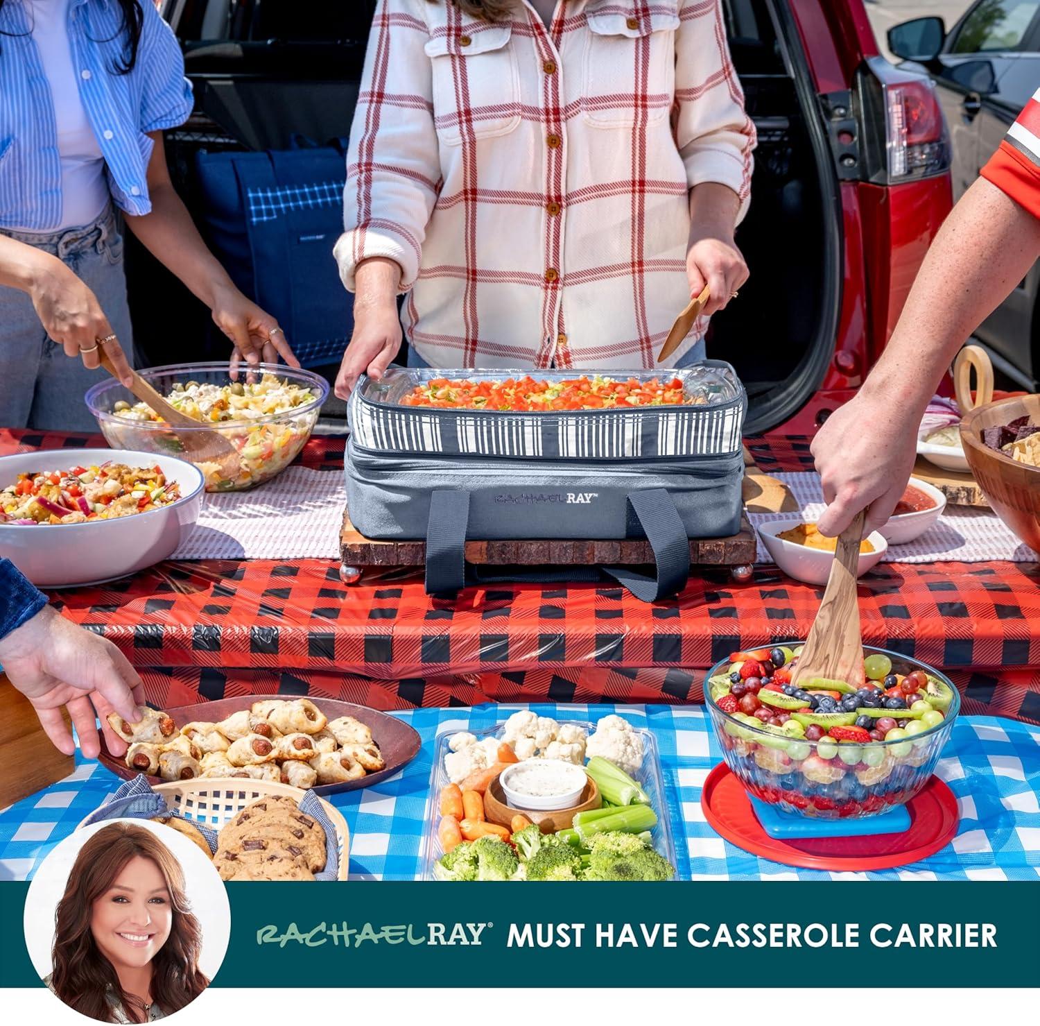 imageRachael Ray Expandable Insulated Casserole Carrier for Hot or Cold Food Thermal Lasagna Lugger Tote for Potluck Parties Picnic and Cookouts Fits 9quot x 13quot Baking DishSlate Stripe