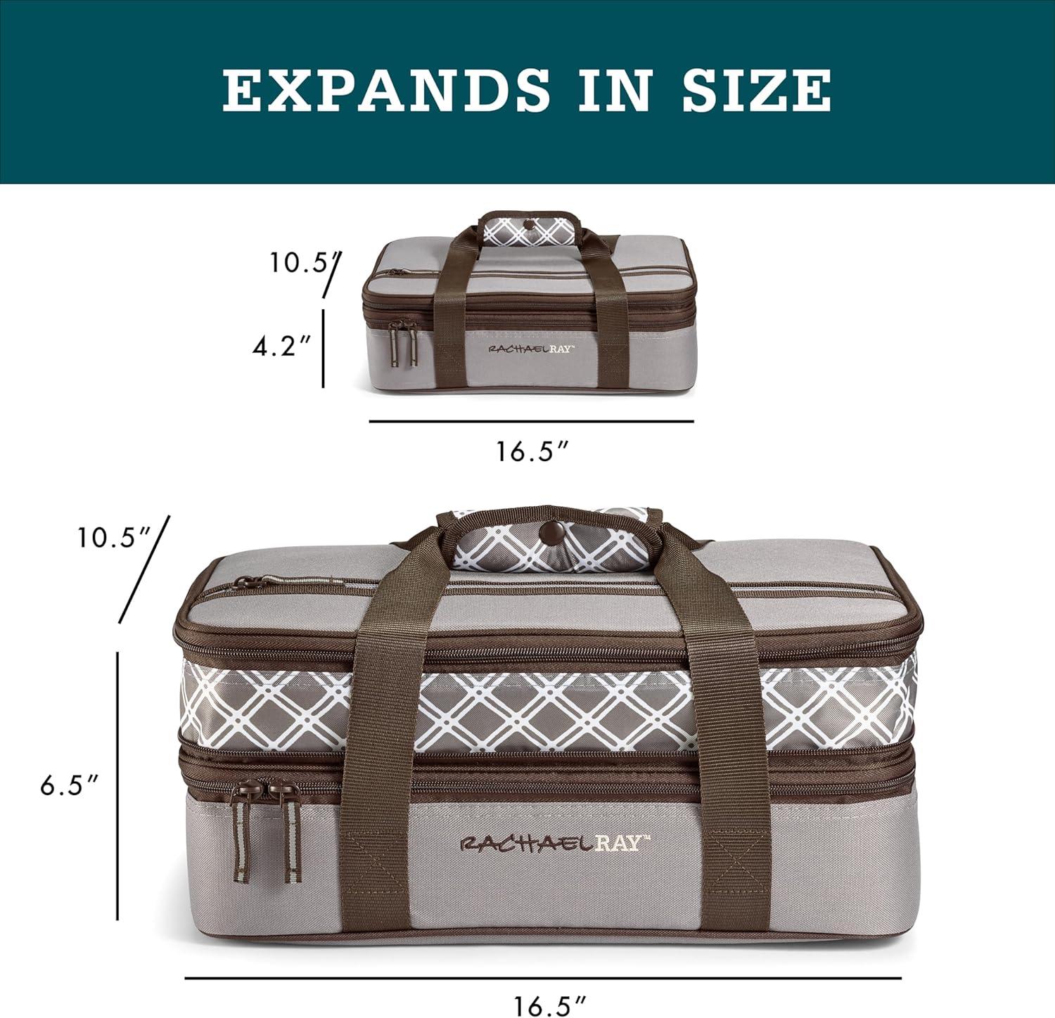 imageRachael Ray Expandable Insulated Casserole Carrier for Hot or Cold Food Thermal Lasagna Lugger Tote for Potluck Parties Picnic and Cookouts Fits 9quot x 13quot Baking DishSea Salt Grey