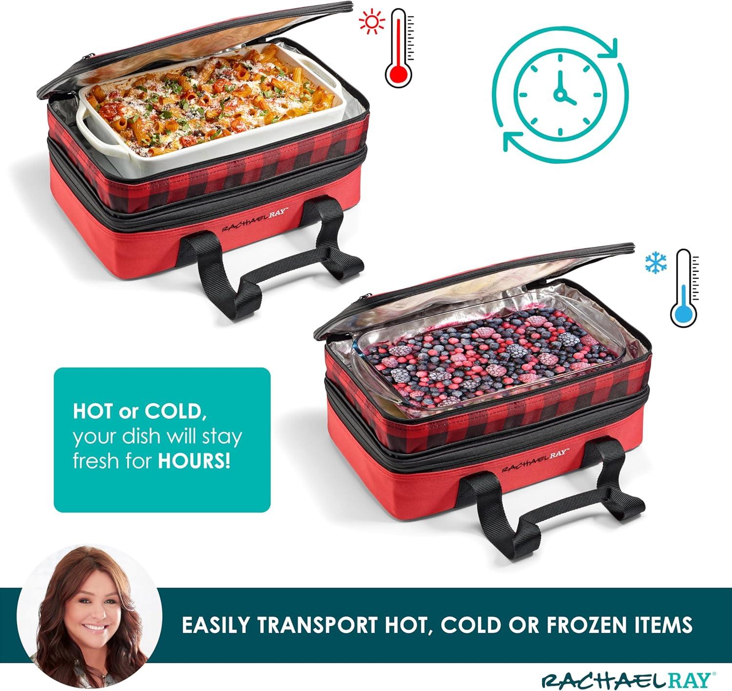 imageRachael Ray Expandable Insulated Casserole Carrier for Hot or Cold Food Thermal Lasagna Lugger Tote for Potluck Parties Picnic and Cookouts Fits 9quot x 13quot Baking DishRed Buffalo Check