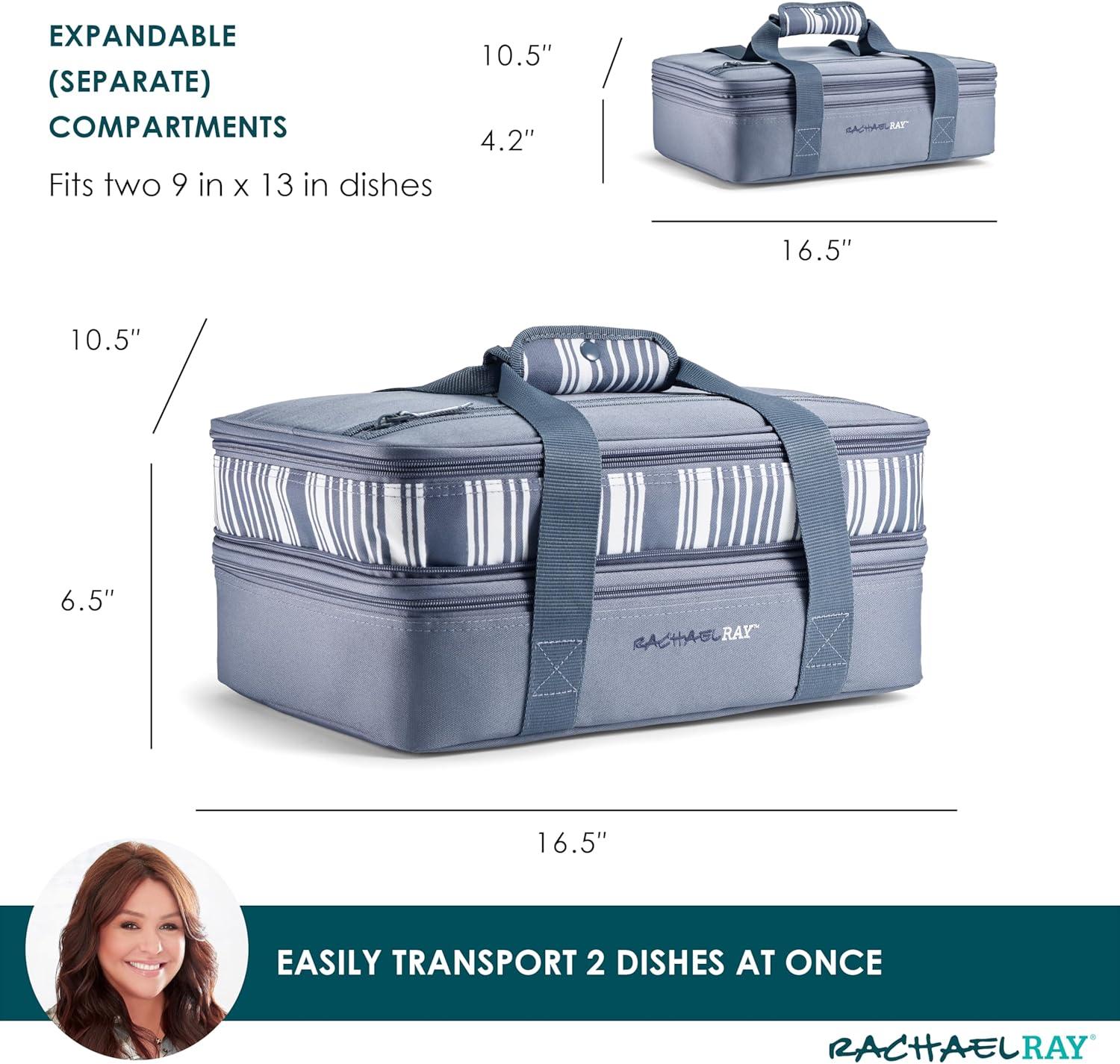 imageRachael Ray Expandable Insulated Casserole Carrier for Hot or Cold Food Thermal Lasagna Lugger Tote for Potluck Parties Picnic and Cookouts Fits 9quot x 13quot Baking DishSlate Stripe