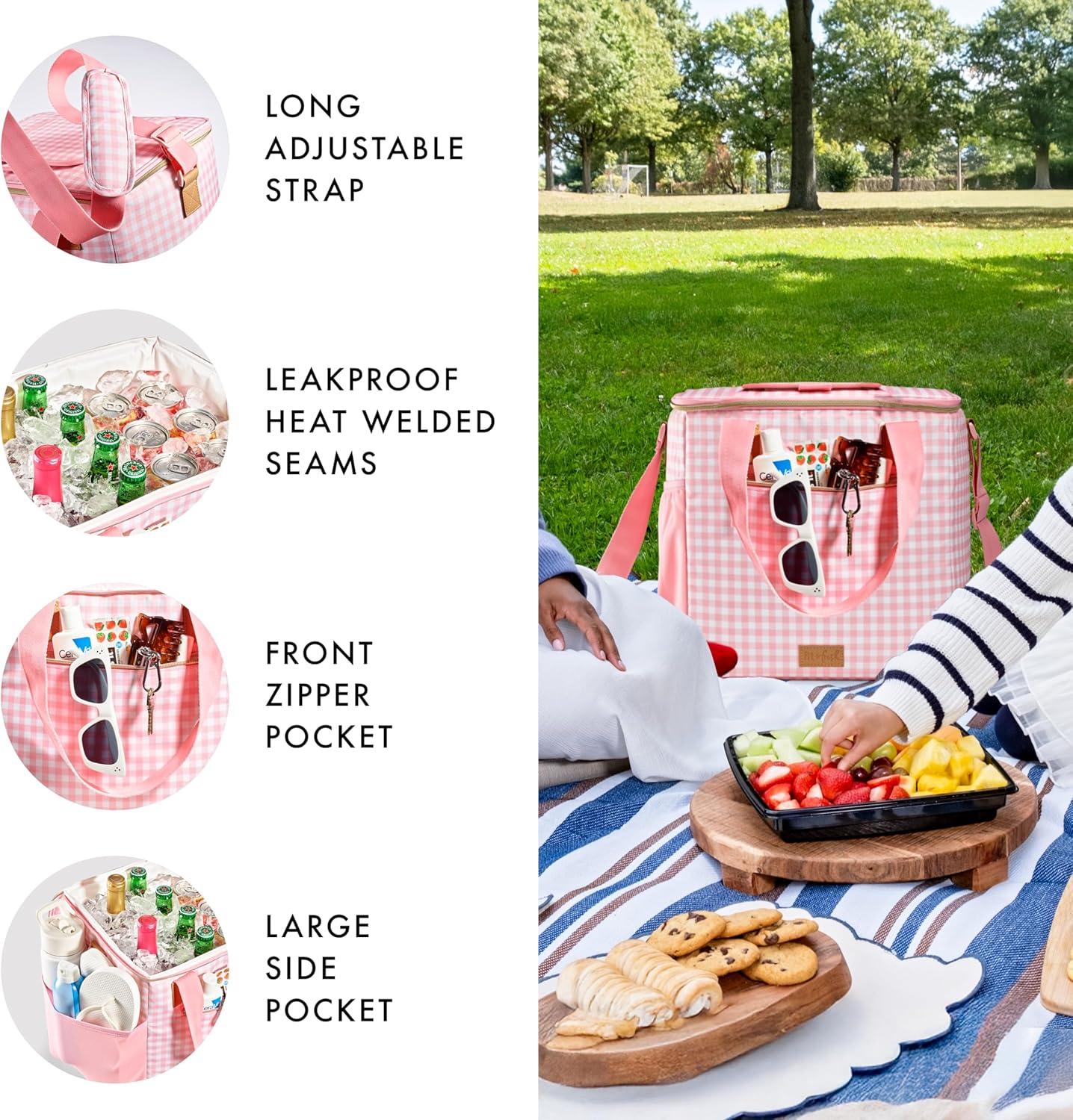 imageFit ampamp Fresh 24Can Soft Cooler Bag Insulated LeakResistant Portable Soft Cooler Large Cooler Soft Sided Cooler Bag Travel Cooler Pina ColadaPink Gingham