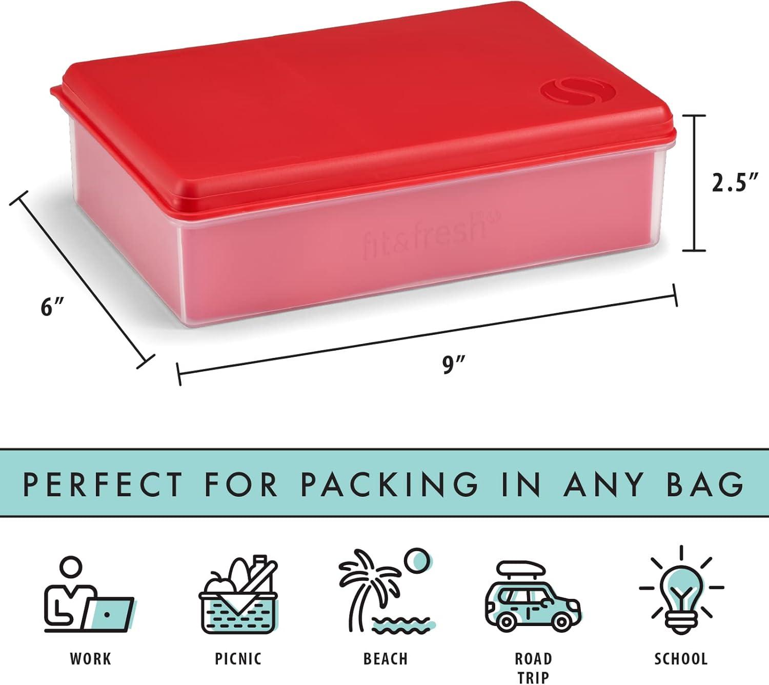 imageFit ampamp Fresh Collection MultiFlex Bento Box with 2 Removeable Ice Packs Adjustable Divided Meal Carrier Lunch Container BPAFree 95quot x 6quot x 225quot Red StandardStandard
