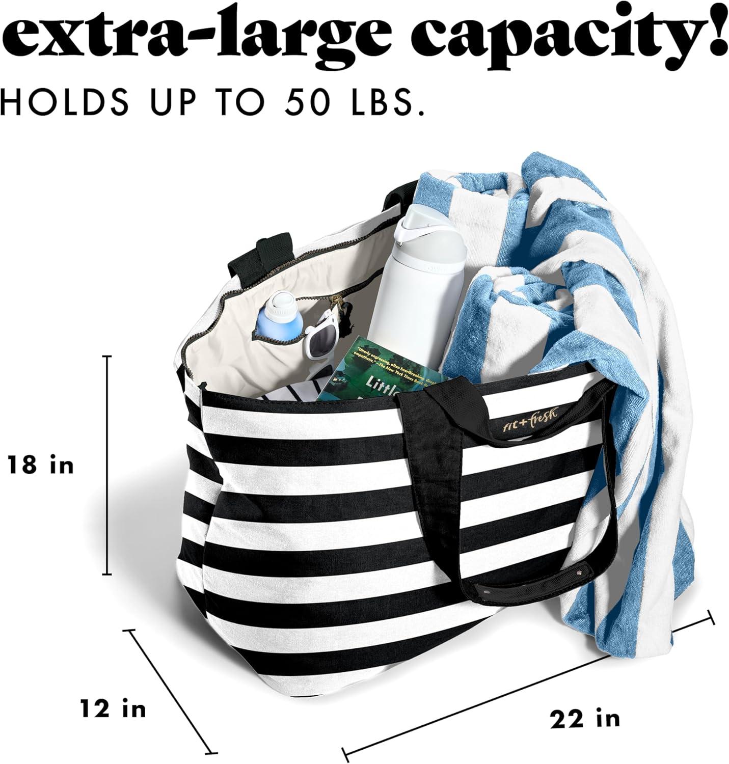 imageFit ampamp Fresh Large Beach Bag for Women  Extra Large Travel Tote With PocketsBlack  White Stripe