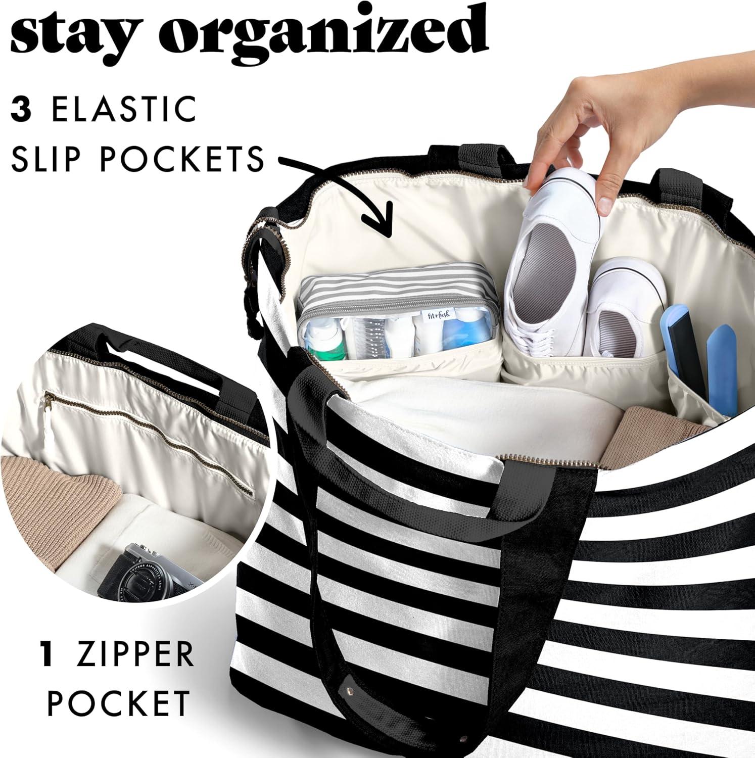 imageFit ampamp Fresh Large Beach Bag for Women  Extra Large Travel Tote With PocketsBlack  White Stripe