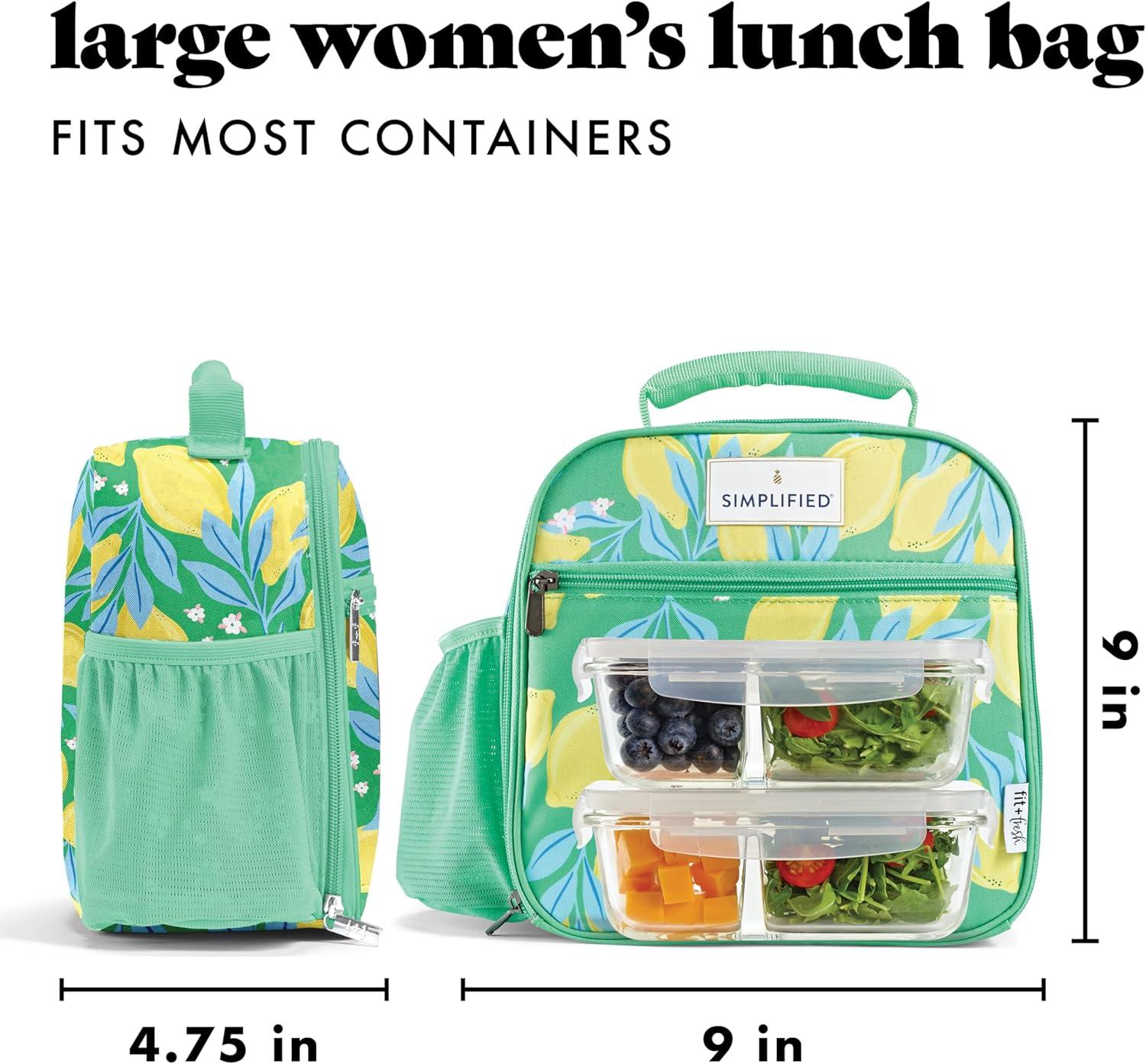 imageFit ampamp Fresh Lunch Bag For Women Insulated Womens Lunch Bag For Work Large Lunch Box For Women With Two Matching Containers Townsend Lunch Bag Navy WildflowerBright Green Lemon