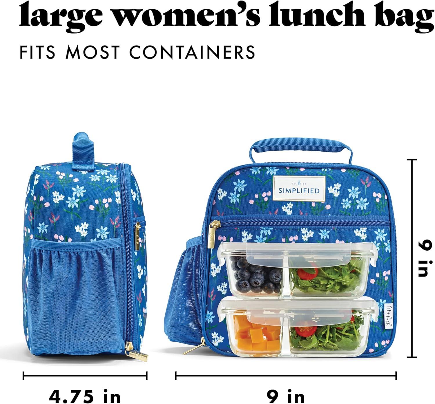 imageFit ampamp Fresh Lunch Bag For Women Insulated Womens Lunch Bag For Work Large Lunch Box For Women With Two Matching Containers Townsend Lunch Bag Navy WildflowerBlue Wildflower