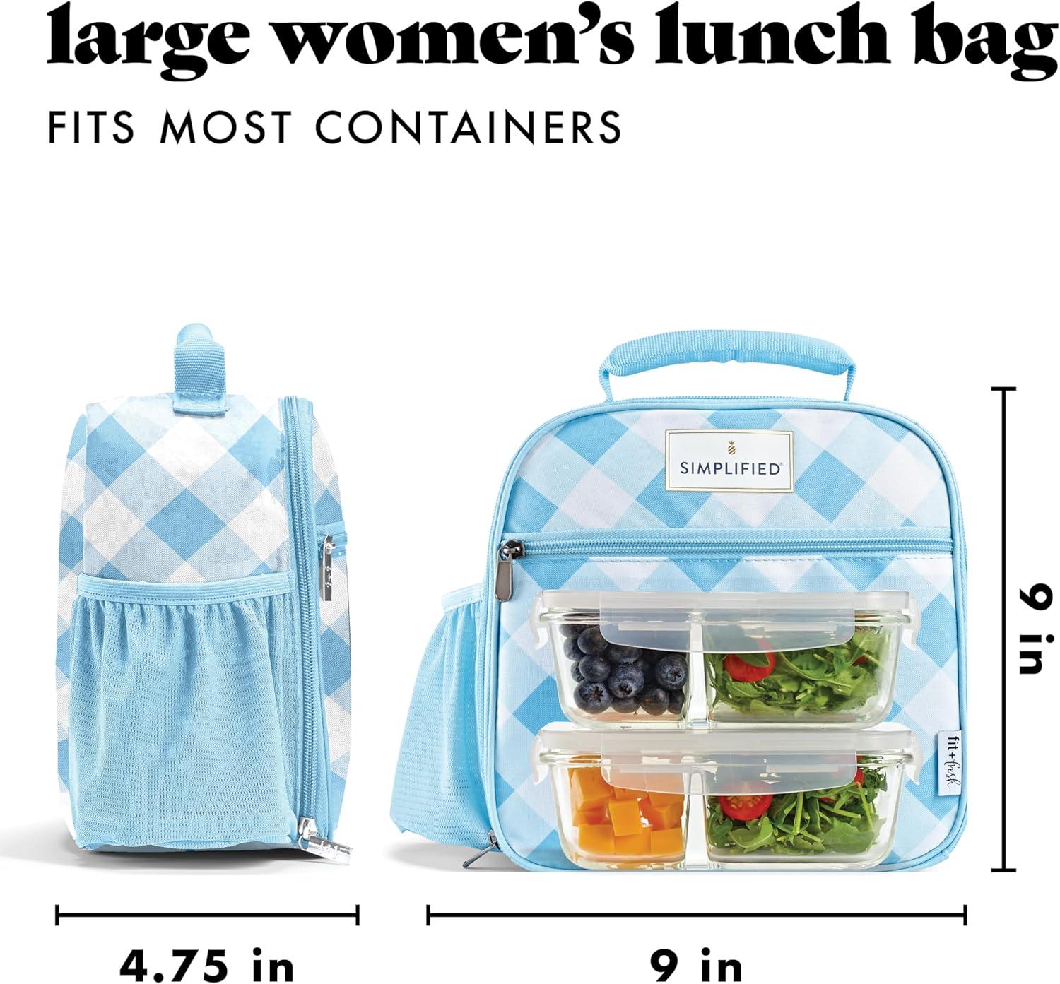 imageFit ampamp Fresh Lunch Bag For Women Insulated Womens Lunch Bag For Work Large Lunch Box For Women With Two Matching Containers Townsend Lunch Bag Navy WildflowerLight Blue Gingham