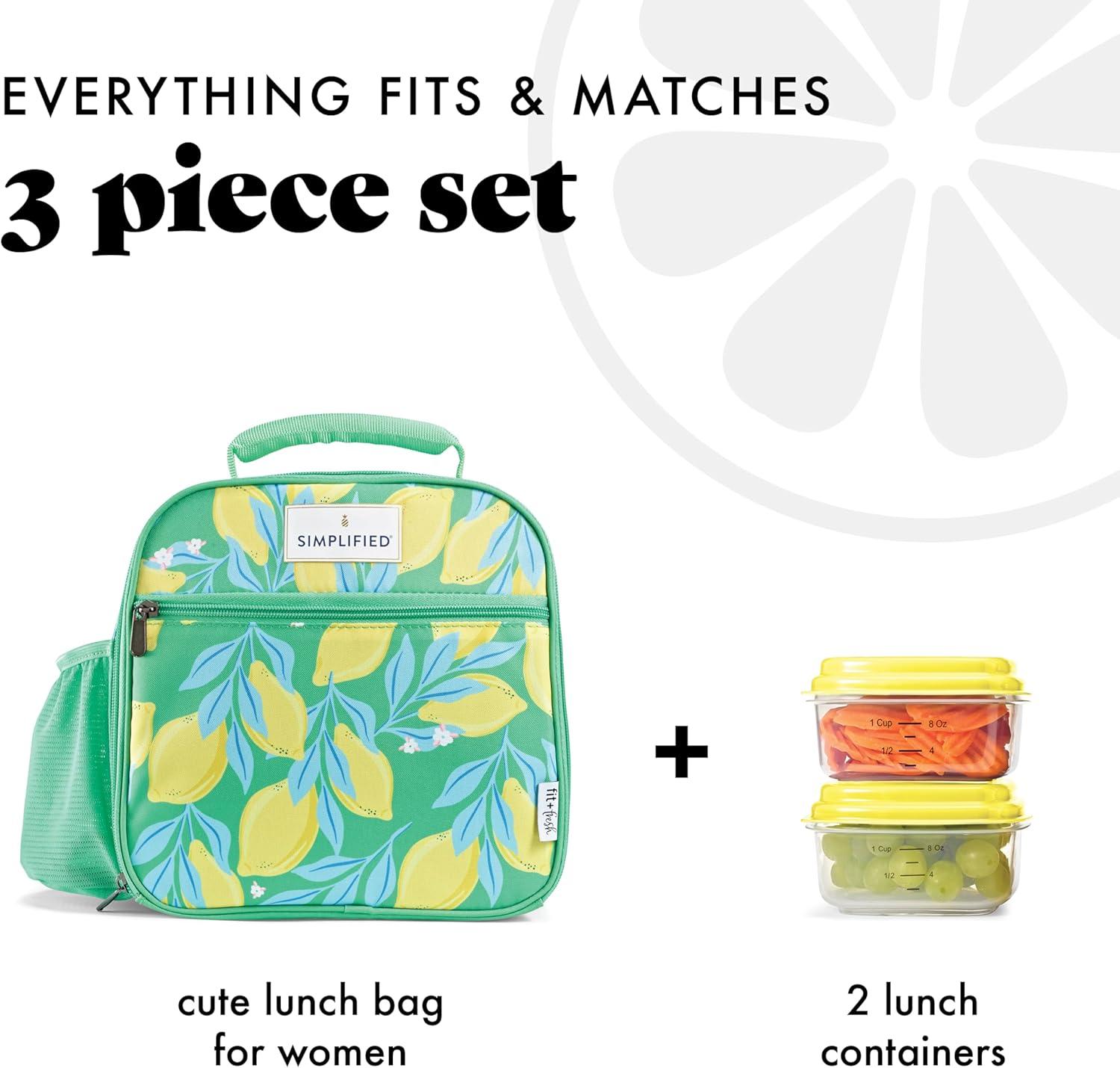 imageFit ampamp Fresh Lunch Bag For Women Insulated Womens Lunch Bag For Work Large Lunch Box For Women With Two Matching Containers Townsend Lunch Bag Navy WildflowerBright Green Lemon