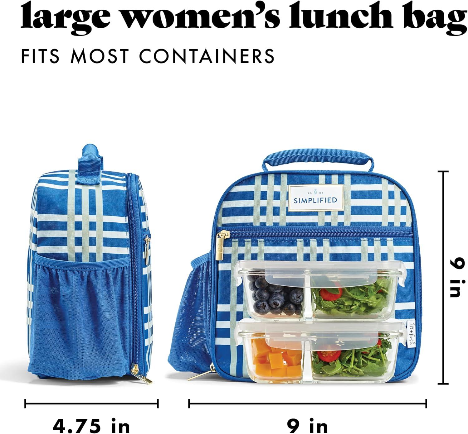 imageFit ampamp Fresh Lunch Bag For Women Insulated Womens Lunch Bag For Work Large Lunch Box For Women With Two Matching Containers Townsend Lunch Bag Navy WildflowerBlue Pistachio Plaid
