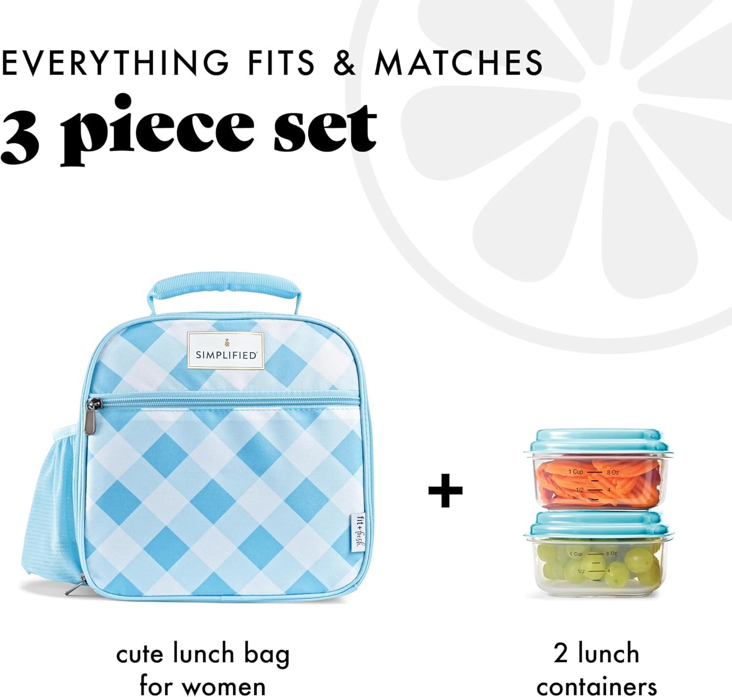 imageFit ampamp Fresh Lunch Bag For Women Insulated Womens Lunch Bag For Work Large Lunch Box For Women With Two Matching Containers Townsend Lunch Bag Navy WildflowerLight Blue Gingham