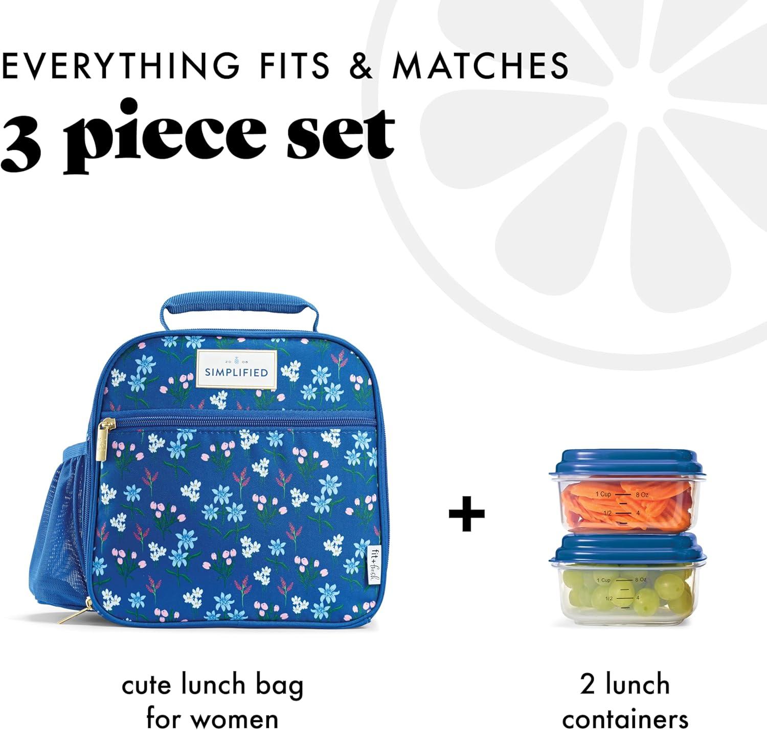 imageFit ampamp Fresh Lunch Bag For Women Insulated Womens Lunch Bag For Work Large Lunch Box For Women With Two Matching Containers Townsend Lunch Bag Navy WildflowerBlue Wildflower