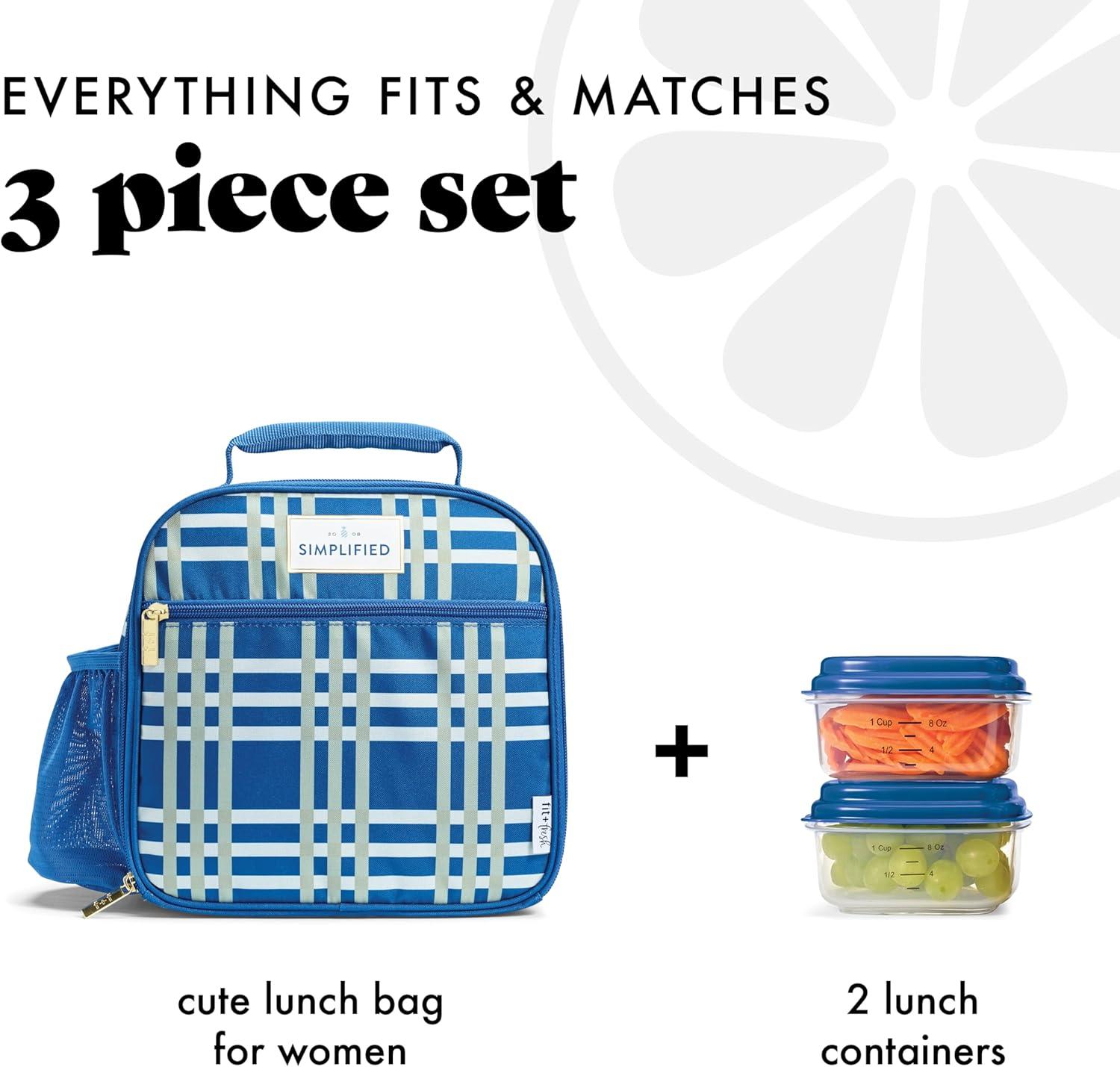 imageFit ampamp Fresh Lunch Bag For Women Insulated Womens Lunch Bag For Work Large Lunch Box For Women With Two Matching Containers Townsend Lunch Bag Navy WildflowerBlue Pistachio Plaid