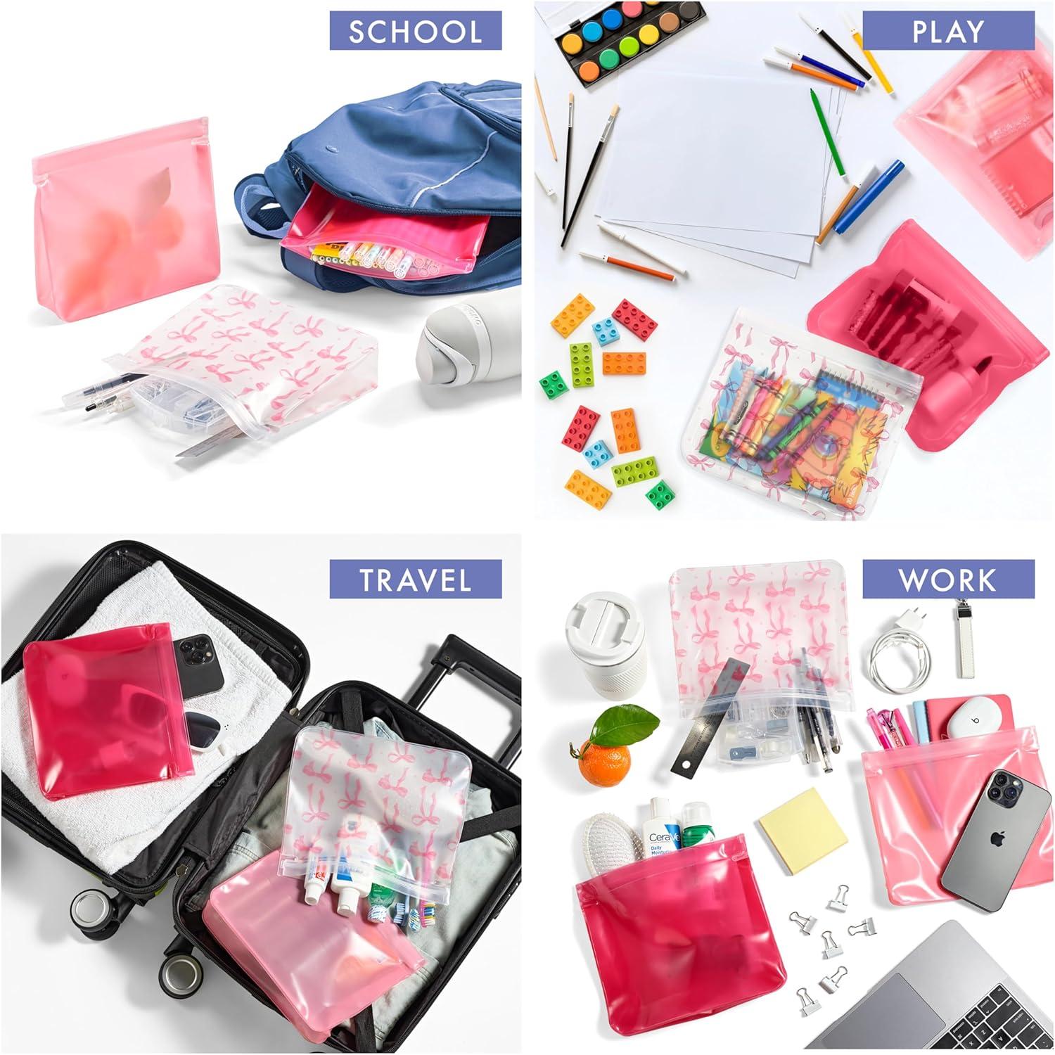 imageFit ampamp Fresh Reusable PEVA Storage Bags 3 Pack Reusable Food Storage Bags LeakProof Bag Durable Reusable Sandwich Bags Freezer Safe Bags Hand Wash Easy to Clean EcoFriendly Pink BowsPink Bows