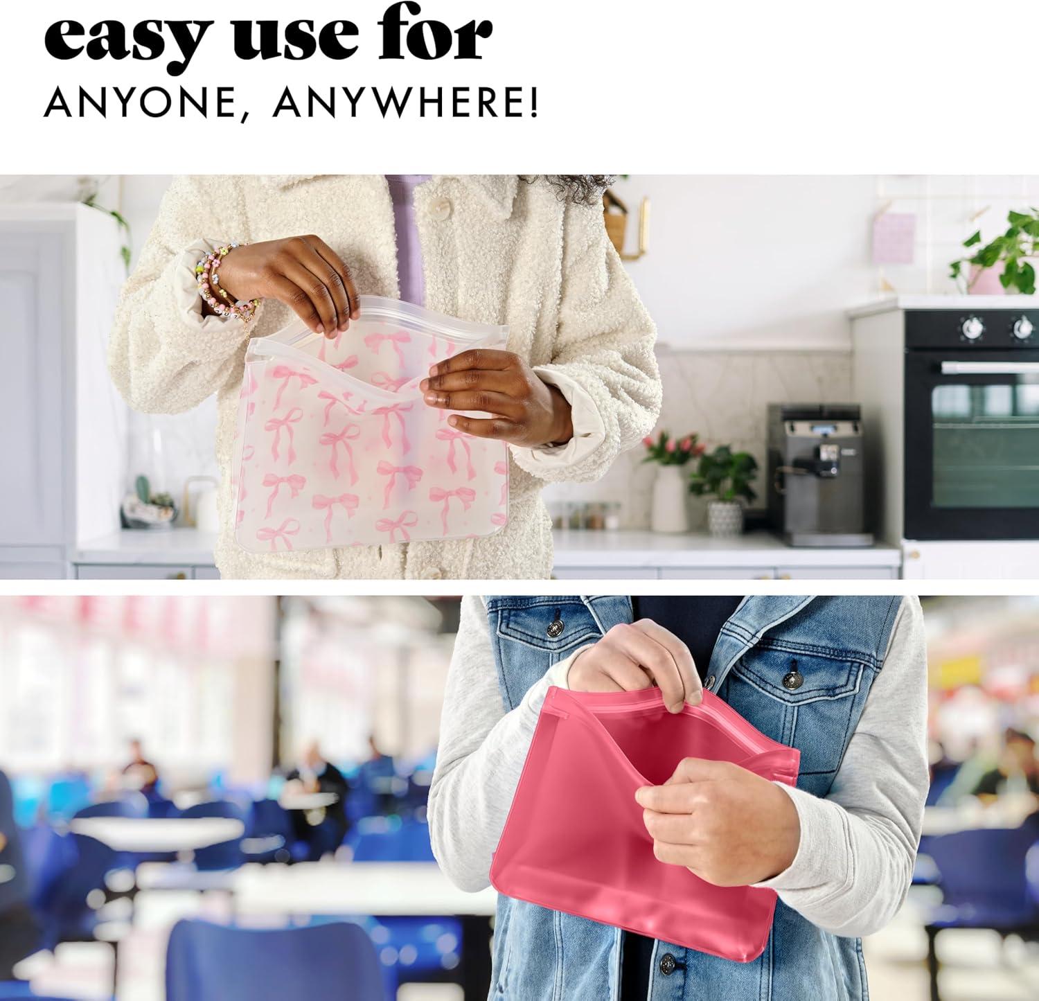 imageFit ampamp Fresh Reusable PEVA Storage Bags 3 Pack Reusable Food Storage Bags LeakProof Bag Durable Reusable Sandwich Bags Freezer Safe Bags Hand Wash Easy to Clean EcoFriendly Pink BowsPink Bows