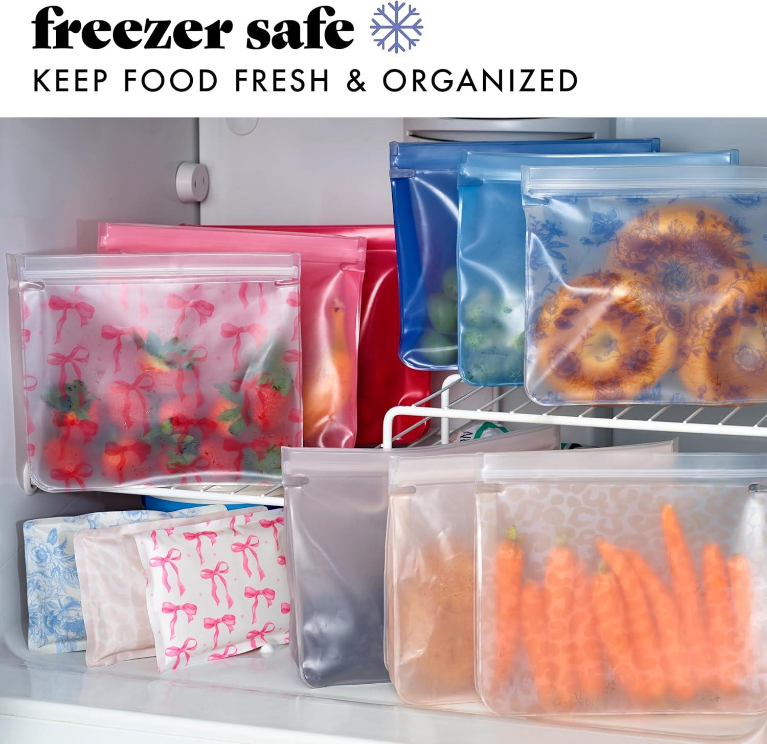imageFit ampamp Fresh Reusable PEVA Storage Bags 3 Pack Reusable Food Storage Bags LeakProof Bag Durable Reusable Sandwich Bags Freezer Safe Bags Hand Wash Easy to Clean EcoFriendly Pink BowsIvory Feline Fine
