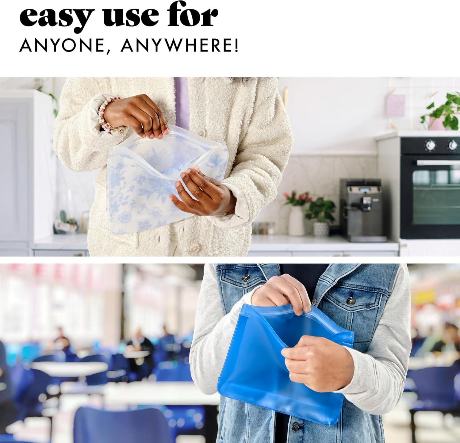 imageFit ampamp Fresh Reusable PEVA Storage Bags 3 Pack Reusable Food Storage Bags LeakProof Bag Durable Reusable Sandwich Bags Freezer Safe Bags Hand Wash Easy to Clean EcoFriendly Pink BowsBlue Floral Toile