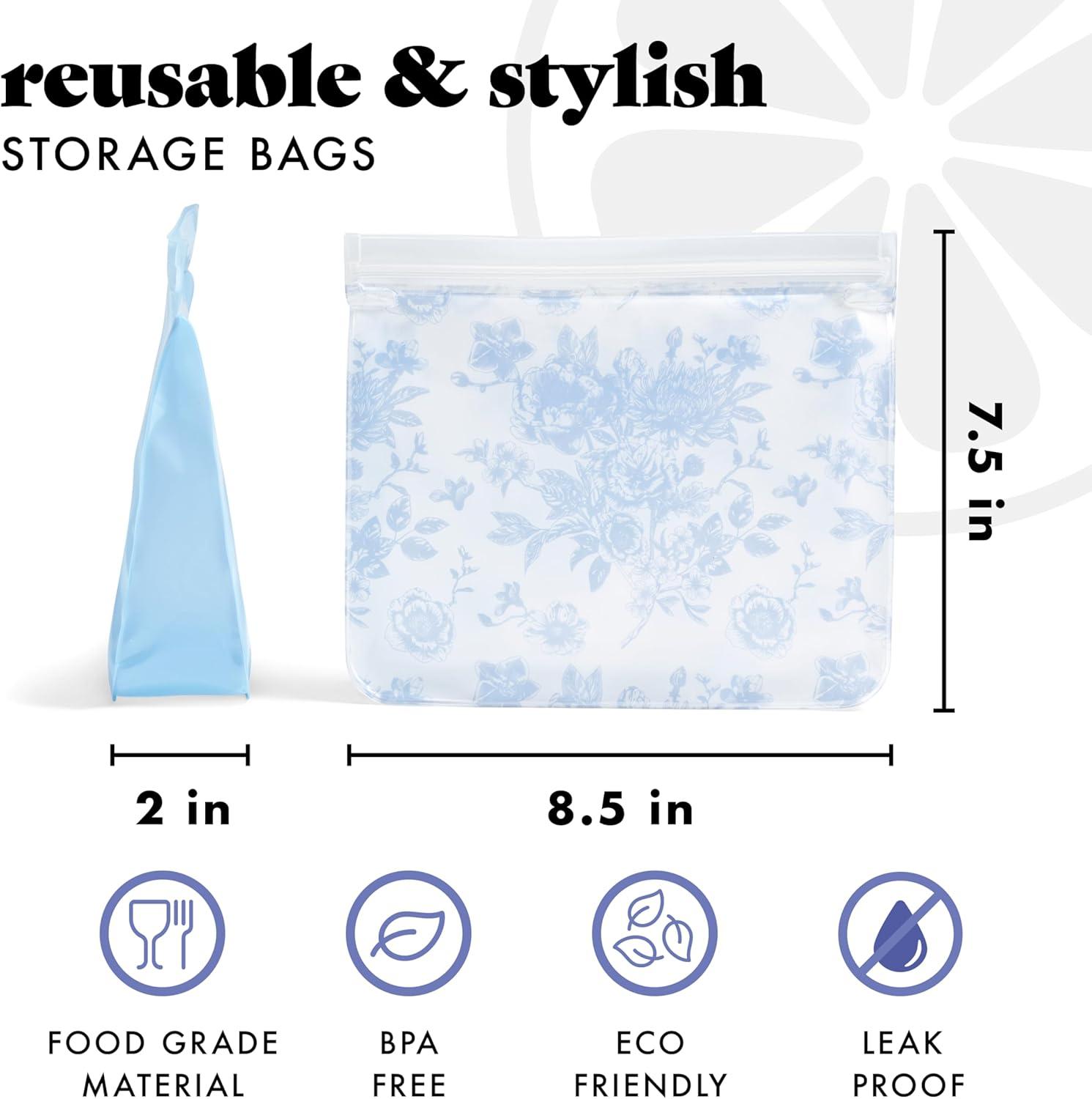 imageFit ampamp Fresh Reusable PEVA Storage Bags 3 Pack Reusable Food Storage Bags LeakProof Bag Durable Reusable Sandwich Bags Freezer Safe Bags Hand Wash Easy to Clean EcoFriendly Pink BowsBlue Floral Toile