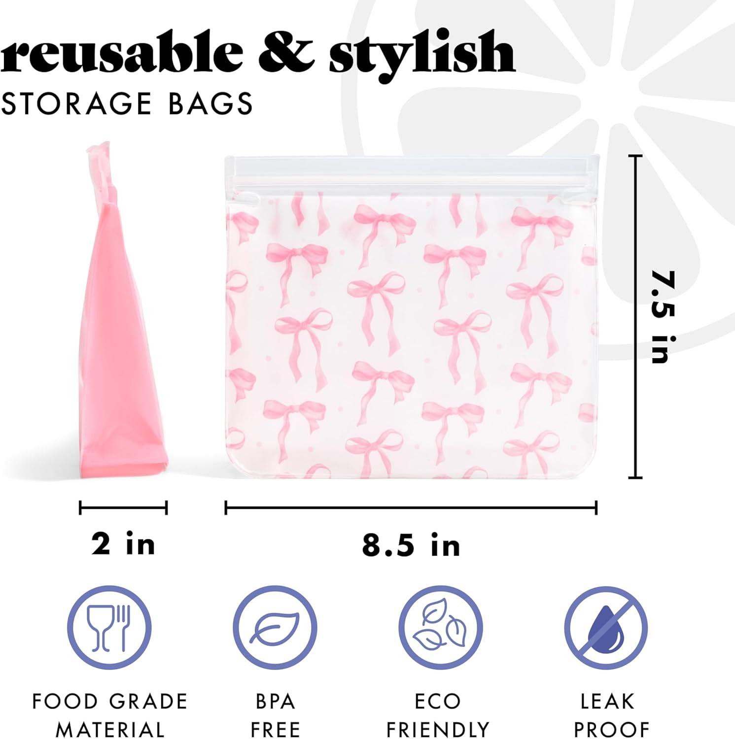 imageFit ampamp Fresh Reusable PEVA Storage Bags 3 Pack Reusable Food Storage Bags LeakProof Bag Durable Reusable Sandwich Bags Freezer Safe Bags Hand Wash Easy to Clean EcoFriendly Pink BowsPink Bows