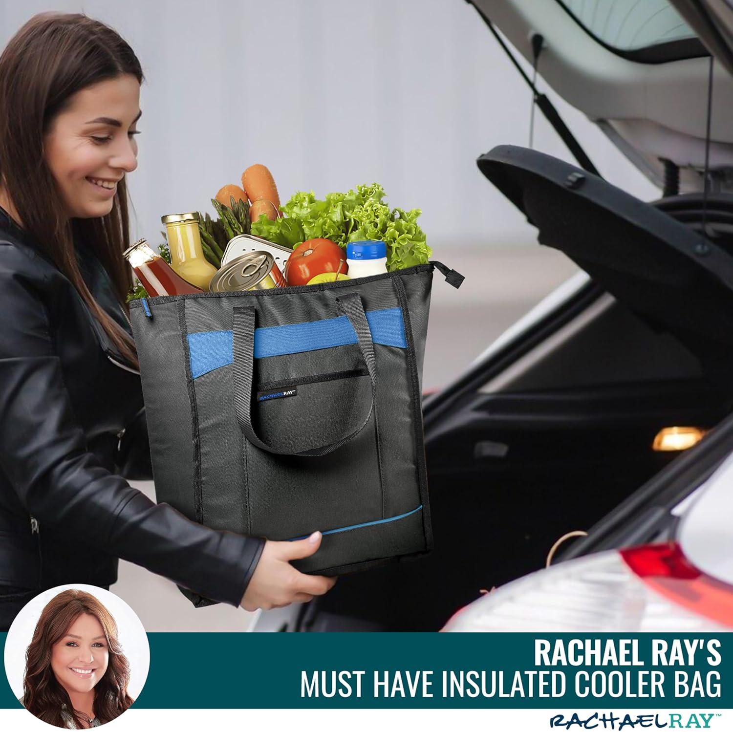 imageRachael Ray Chillout Soft Cooler Bag Large Reusable Insulated Grocery Bag with Zippered Top Travel Tote for Hot or Cold Food Grocery Tote BagBlack  Navy