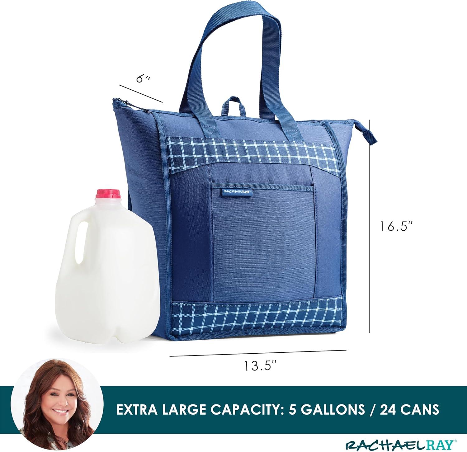 imageRachael Ray Chillout Soft Cooler Bag Large Reusable Insulated Grocery Bag with Zippered Top Travel Tote for Hot or Cold Food Grocery Tote BagBlue Gingham