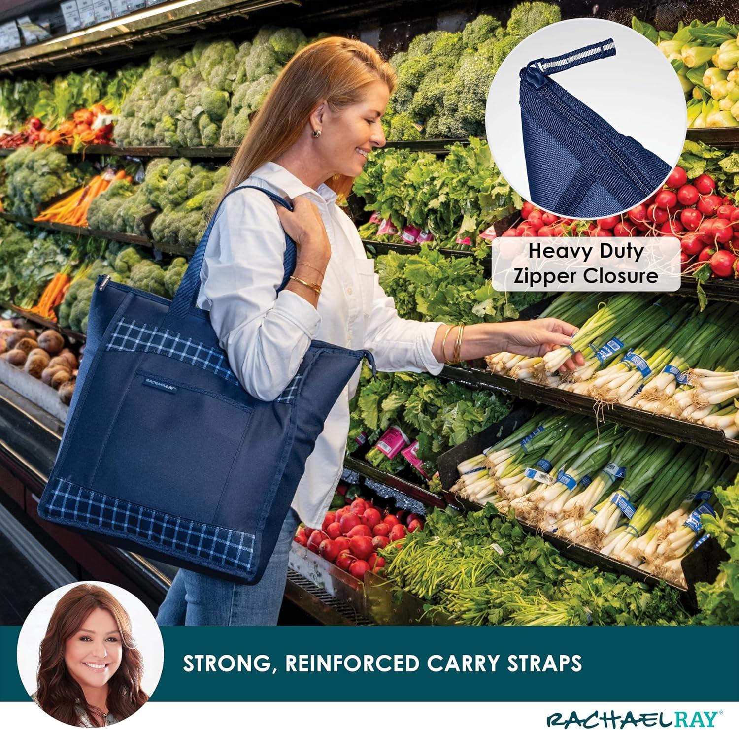 imageRachael Ray Chillout Soft Cooler Bag Large Reusable Insulated Grocery Bag with Zippered Top Travel Tote for Hot or Cold Food Grocery Tote BagBlue Gingham