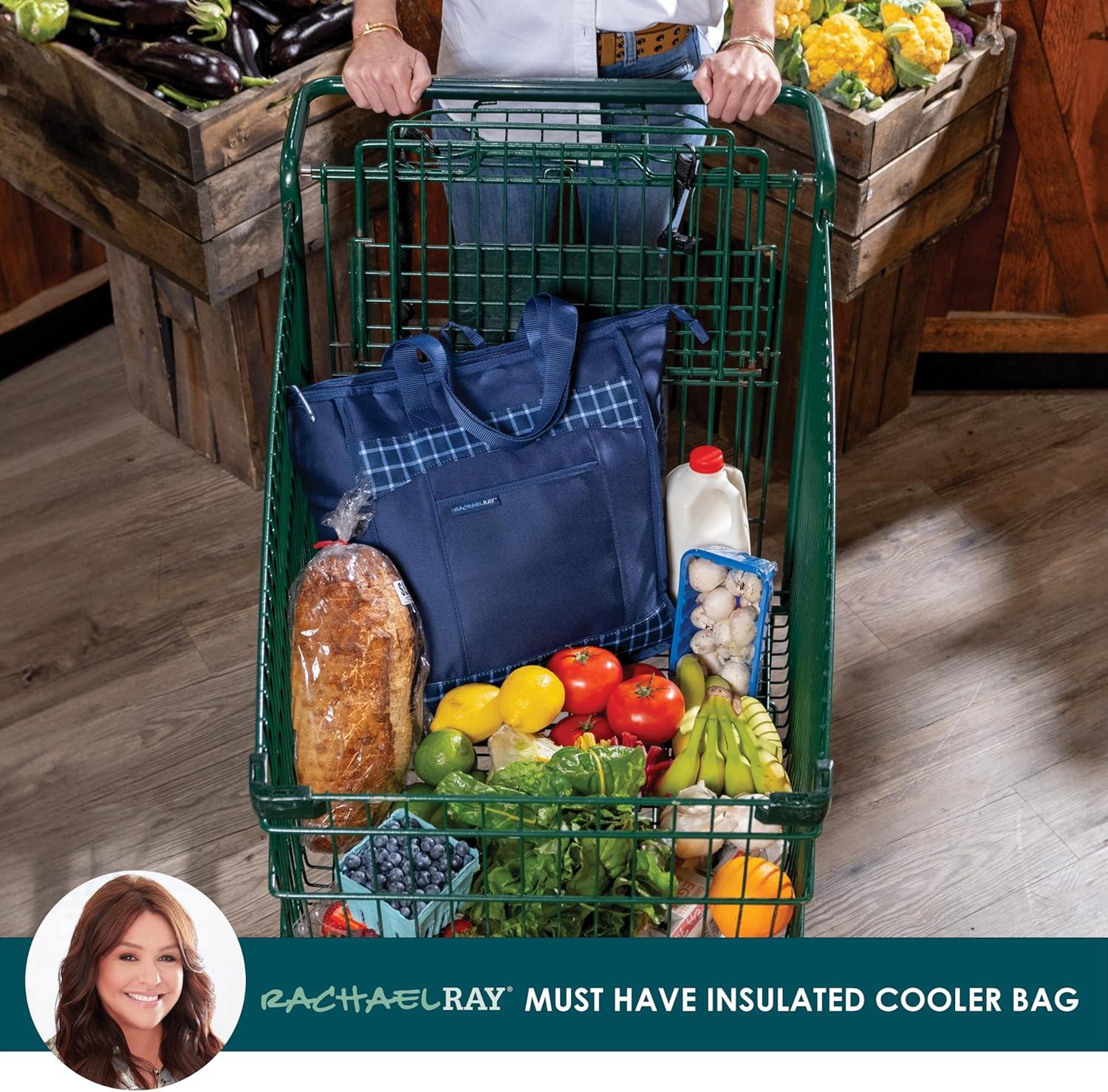 imageRachael Ray Chillout Soft Cooler Bag Large Reusable Insulated Grocery Bag with Zippered Top Travel Tote for Hot or Cold Food Grocery Tote BagBlue Gingham