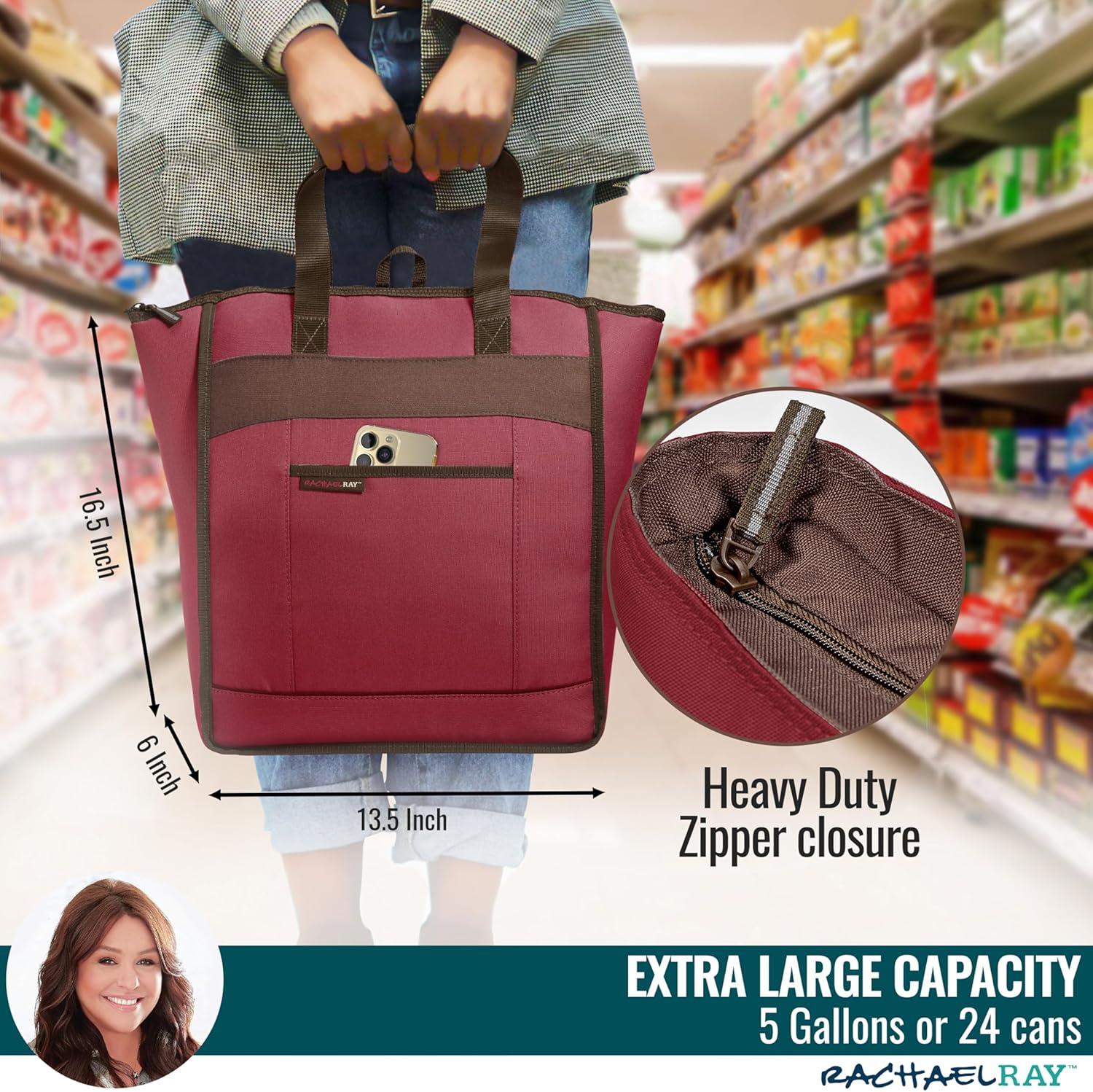 imageRachael Ray Chillout Soft Cooler Bag Large Reusable Insulated Grocery Bag with Zippered Top Travel Tote for Hot or Cold Food Grocery Tote BagBurgundy