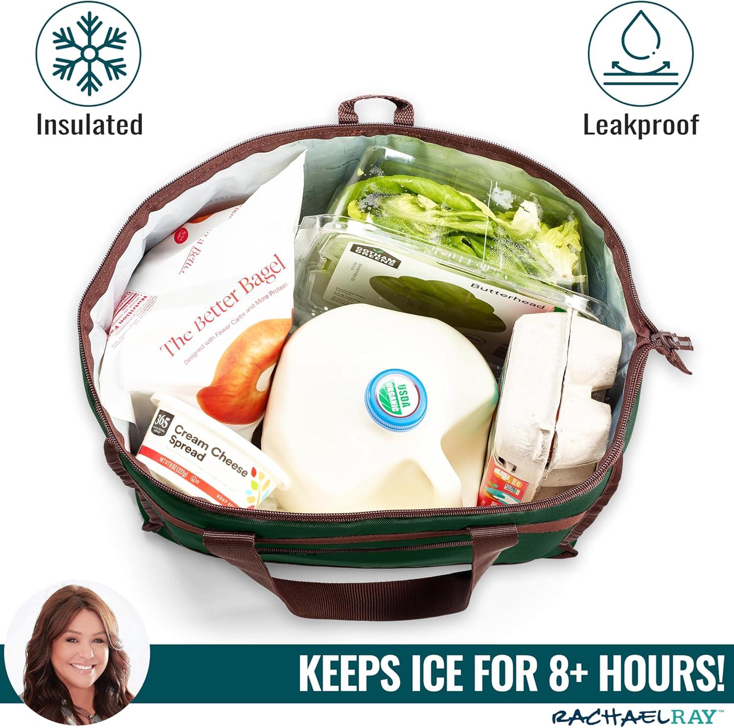 imageRachael Ray Chillout Soft Cooler Bag Large Reusable Insulated Grocery Bag with Zippered Top Travel Tote for Hot or Cold Food Grocery Tote BagForest Green