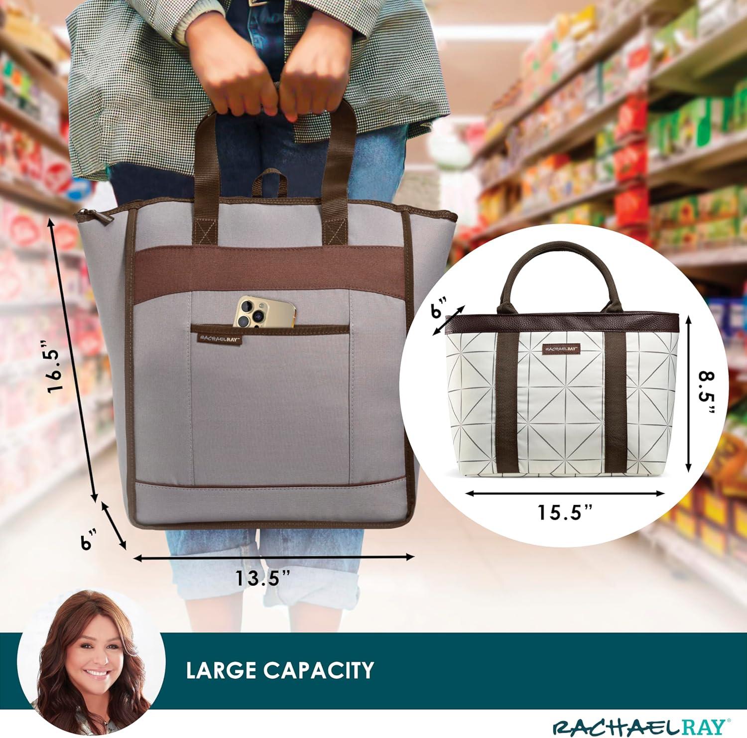 imageRachael Ray Chillout Soft Cooler Bag Large Reusable Insulated Grocery Bag with Zippered Top Travel Tote for Hot or Cold Food Grocery Tote BagGrey  Ivory Print