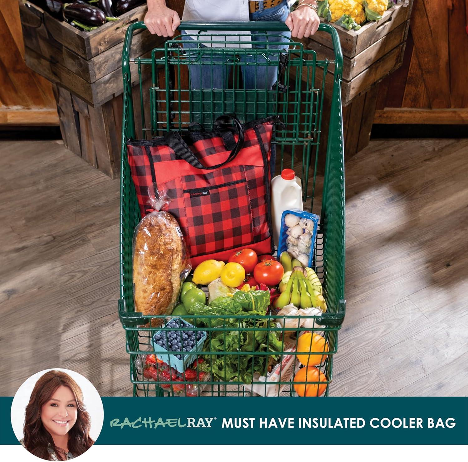 imageRachael Ray Chillout Soft Cooler Bag Large Reusable Insulated Grocery Bag with Zippered Top Travel Tote for Hot or Cold Food Grocery Tote BagRed Buffalo Check