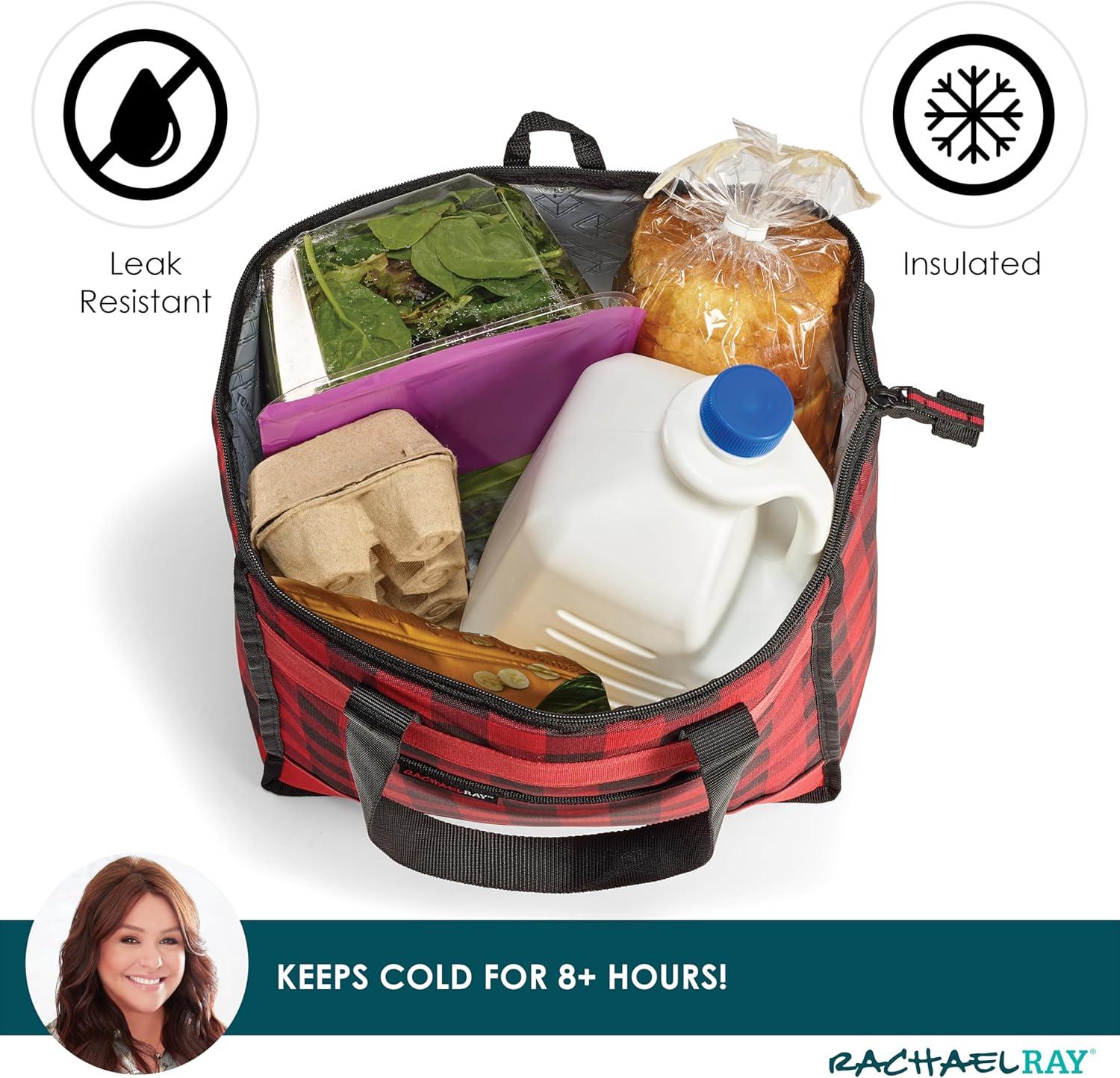 imageRachael Ray Chillout Soft Cooler Bag Large Reusable Insulated Grocery Bag with Zippered Top Travel Tote for Hot or Cold Food Grocery Tote BagRed Buffalo Check