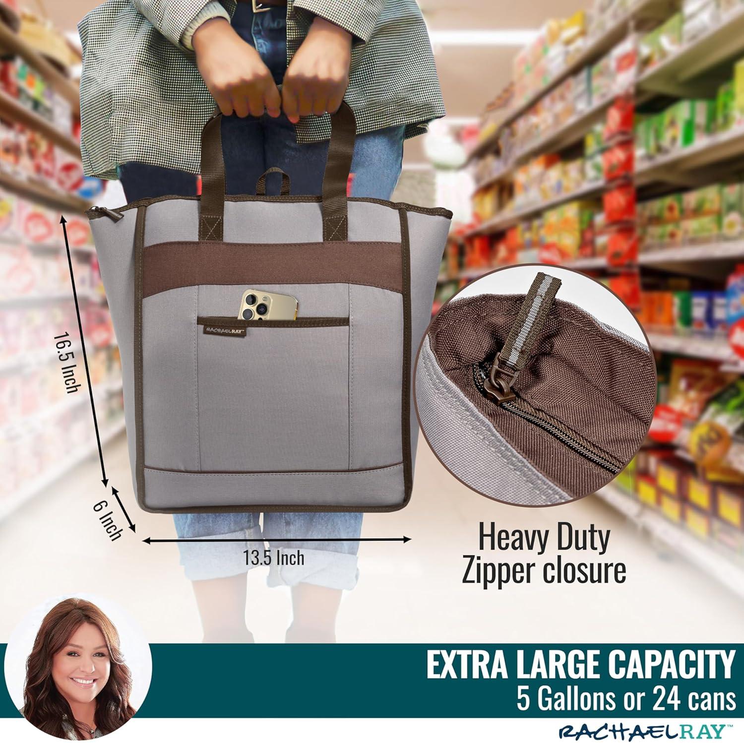 imageRachael Ray Chillout Soft Cooler Bag Large Reusable Insulated Grocery Bag with Zippered Top Travel Tote for Hot or Cold Food Grocery Tote BagSea Salt Grey