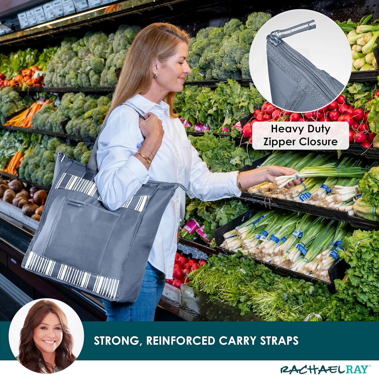 imageRachael Ray Chillout Soft Cooler Bag Large Reusable Insulated Grocery Bag with Zippered Top Travel Tote for Hot or Cold Food Grocery Tote BagSlate Stripe