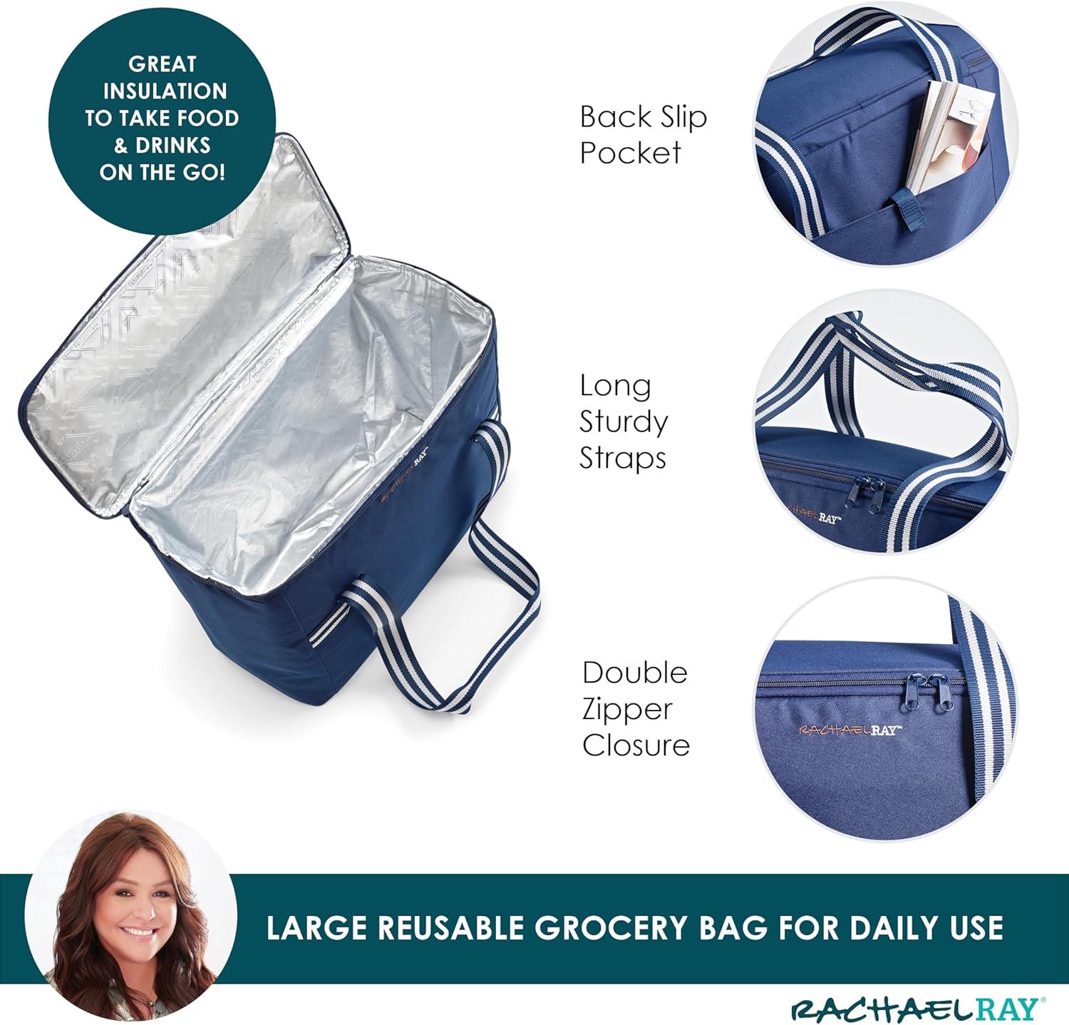 imageRachael Ray Field Tote  Soft Sided Zippered Cooler Bag Insulated and Leak Proof Grocery Bag Portable Travel Cooler Hot or Cold Carrier Navy