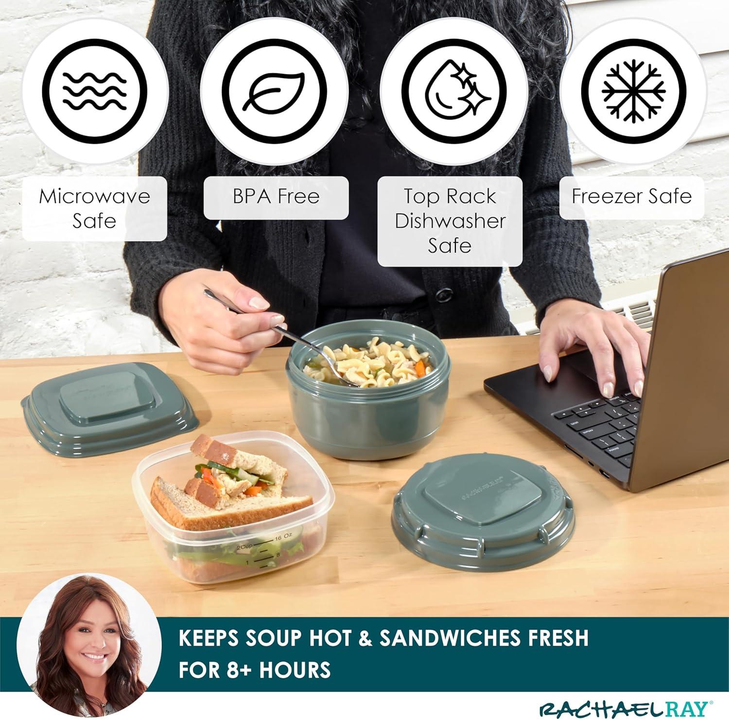 imageRachael Ray Soup ampamp Sandwich Container For Lunch Hot Soup Lunch Container For Adults Reusable Soup Bowl With Container For Sandwich or Toppings Includes Removable Ice Pack Hot or Cold Food StorageSoup  Sandwich Set  Green